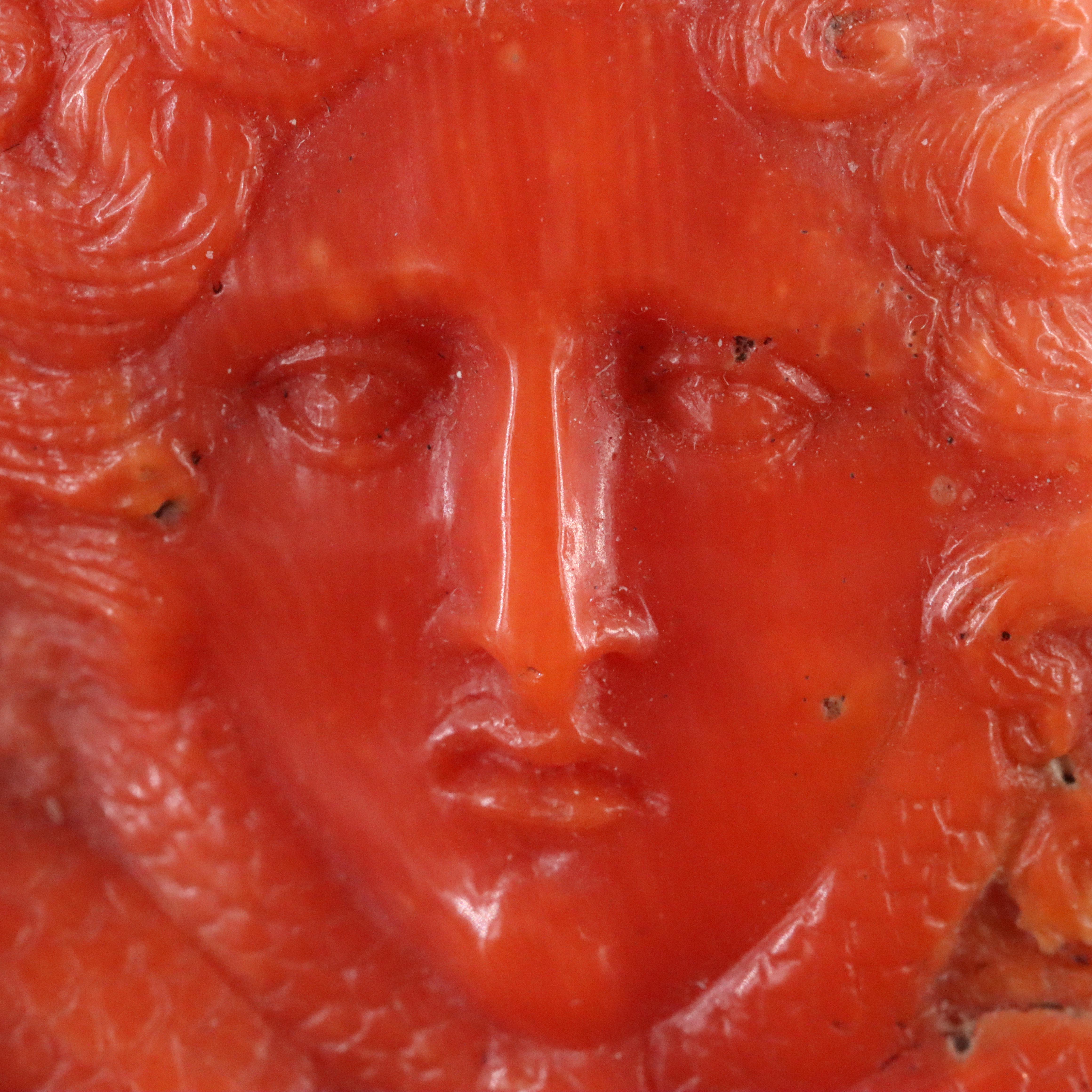 Victorian Greco-Roman Revival Carved Coral Medusa Cameo Brooch
