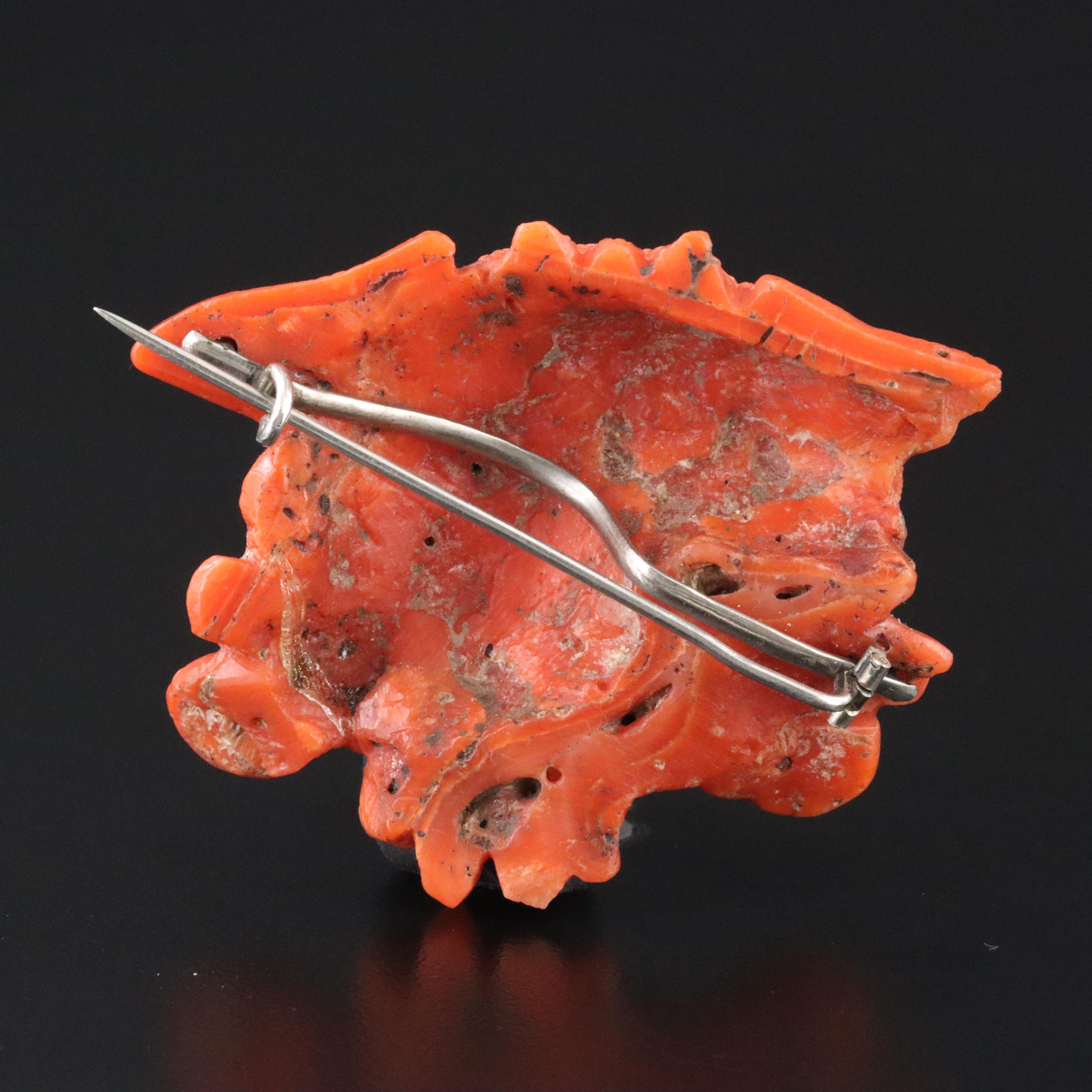 Victorian Greco-Roman Revival Carved Coral Medusa Cameo Brooch