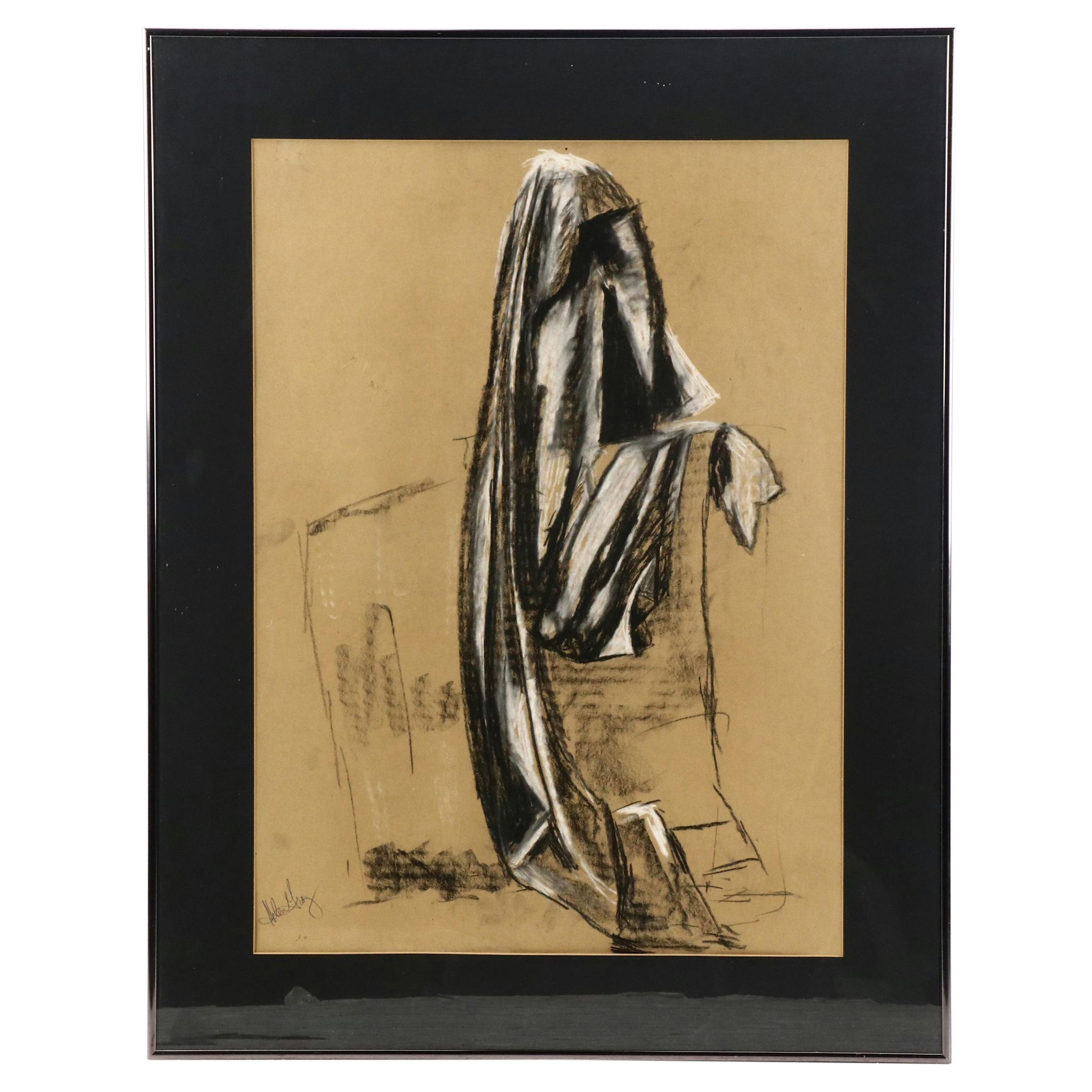 Helen Gray Charcoal and Chalk Pastel Fabric Drapery Study Still Life