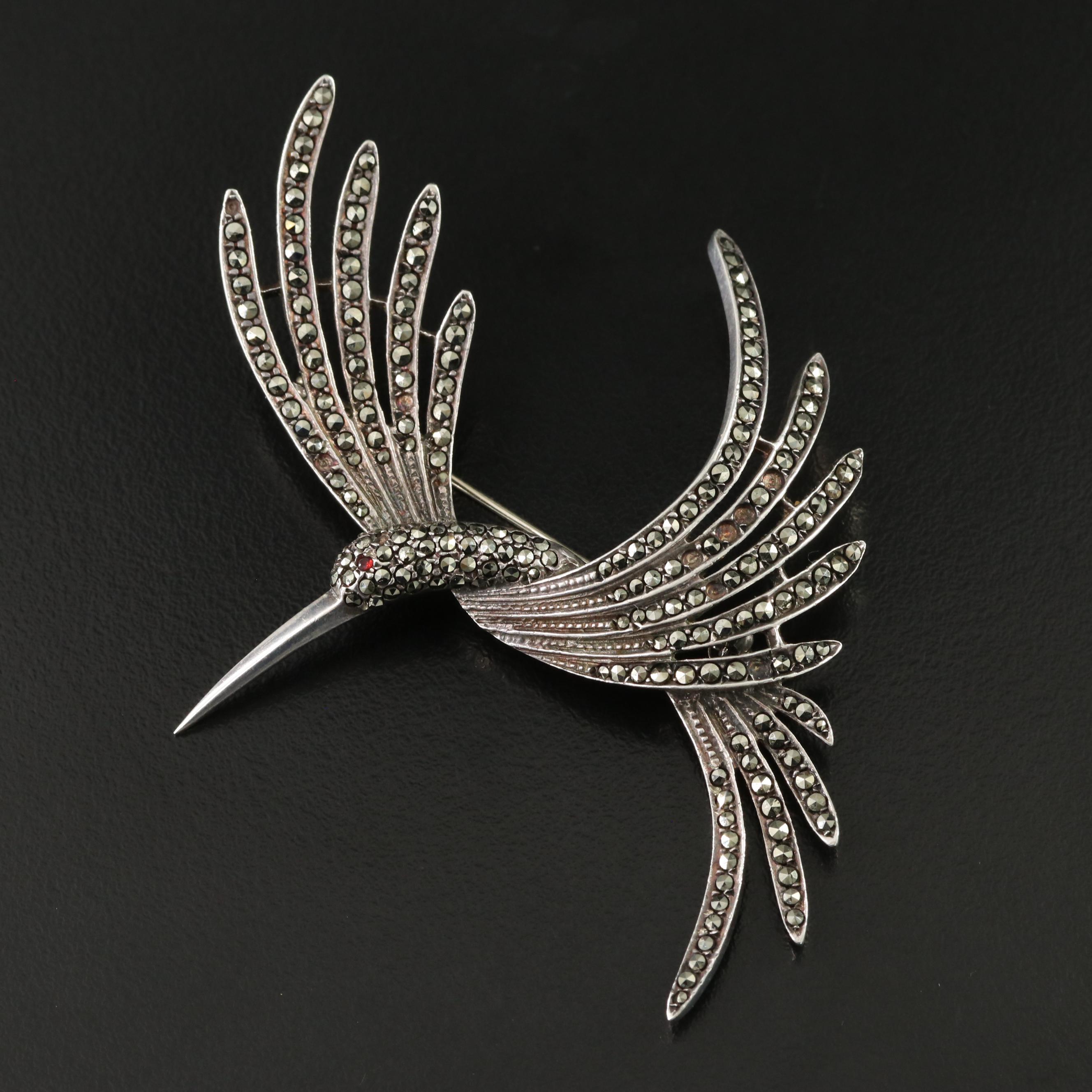 Sterling Marcasite and Garnet Bird Brooch