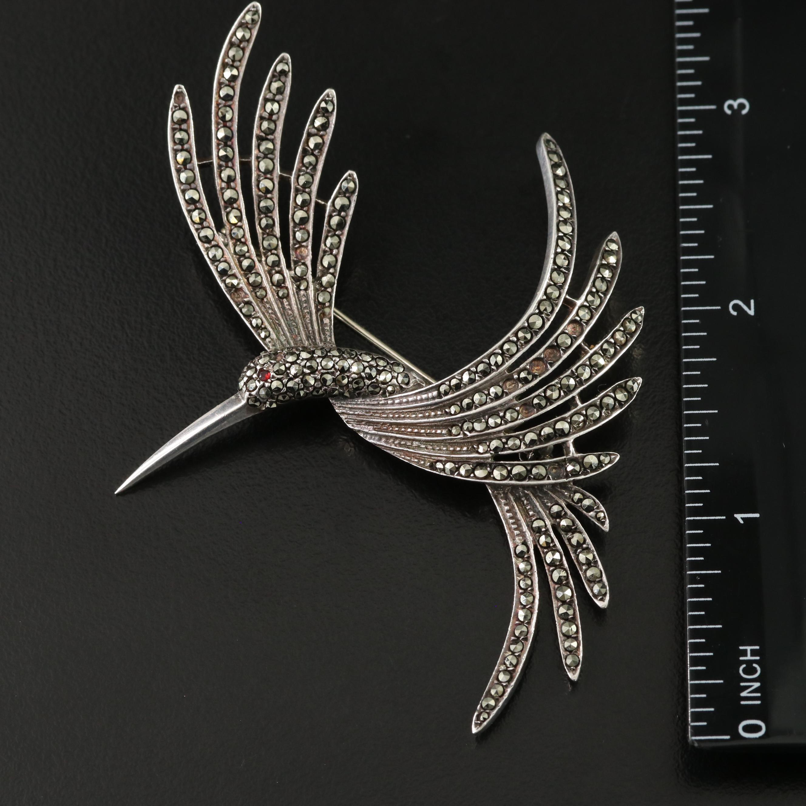 Sterling Marcasite and Garnet Bird Brooch