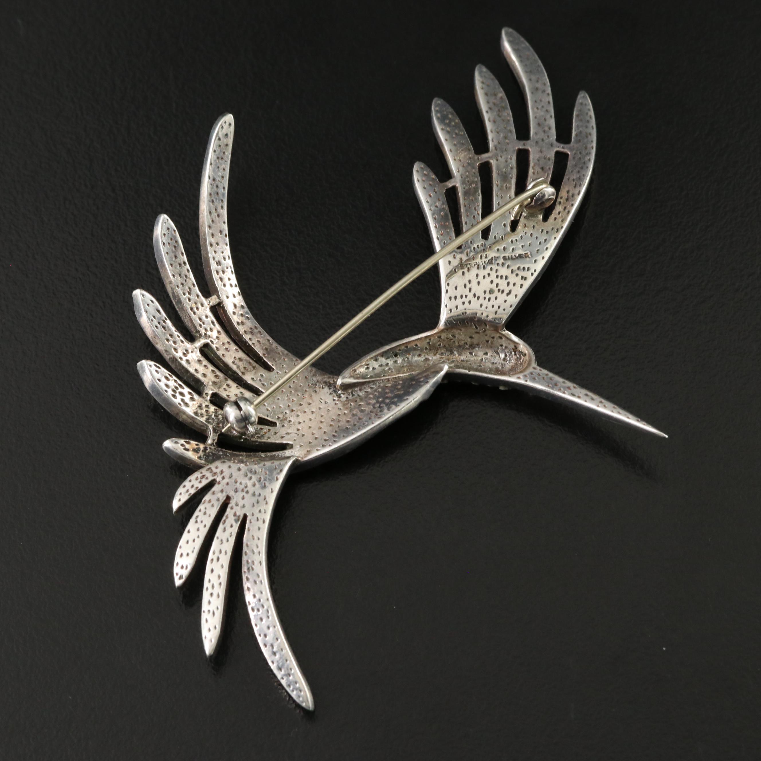 Sterling Marcasite and Garnet Bird Brooch