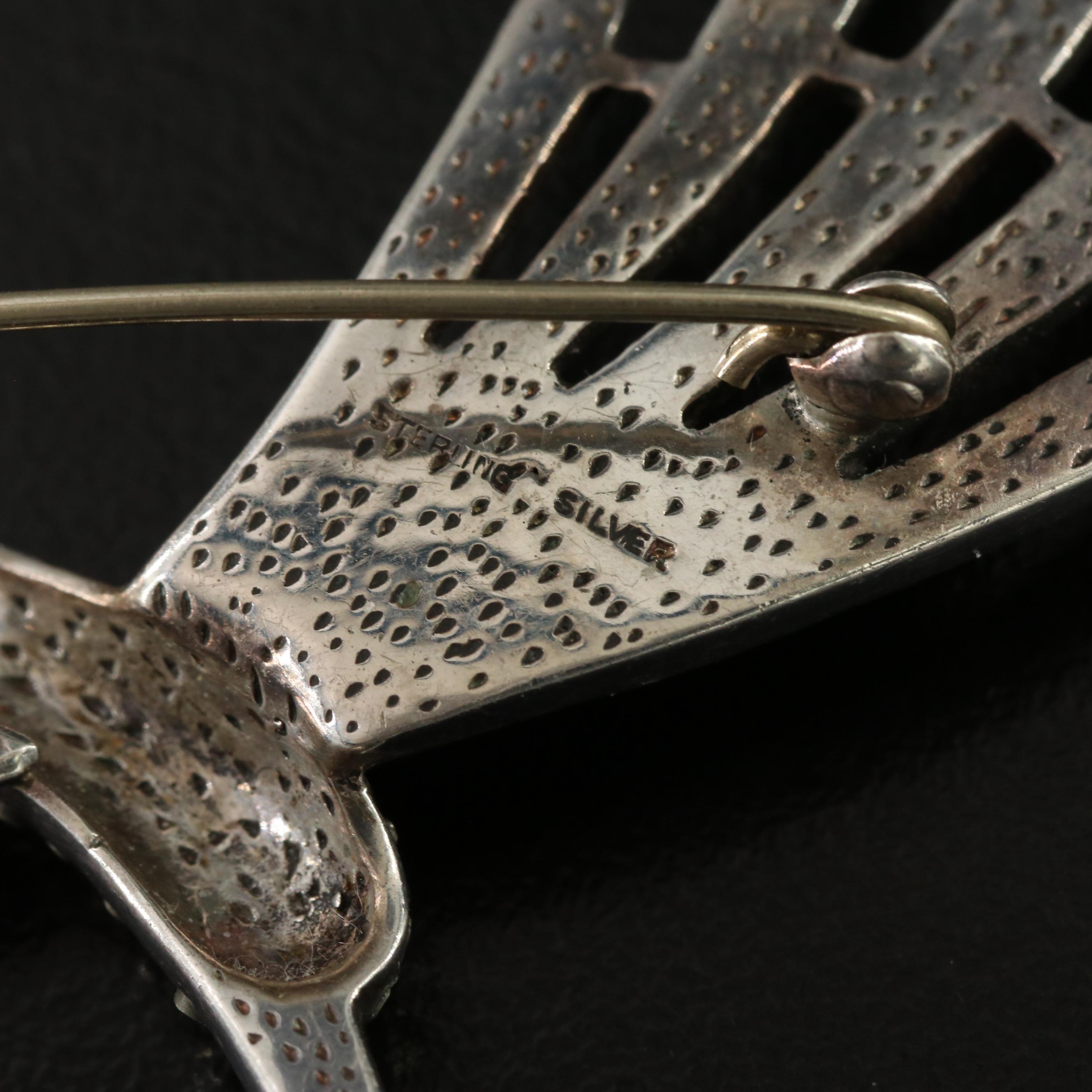 Sterling Marcasite and Garnet Bird Brooch