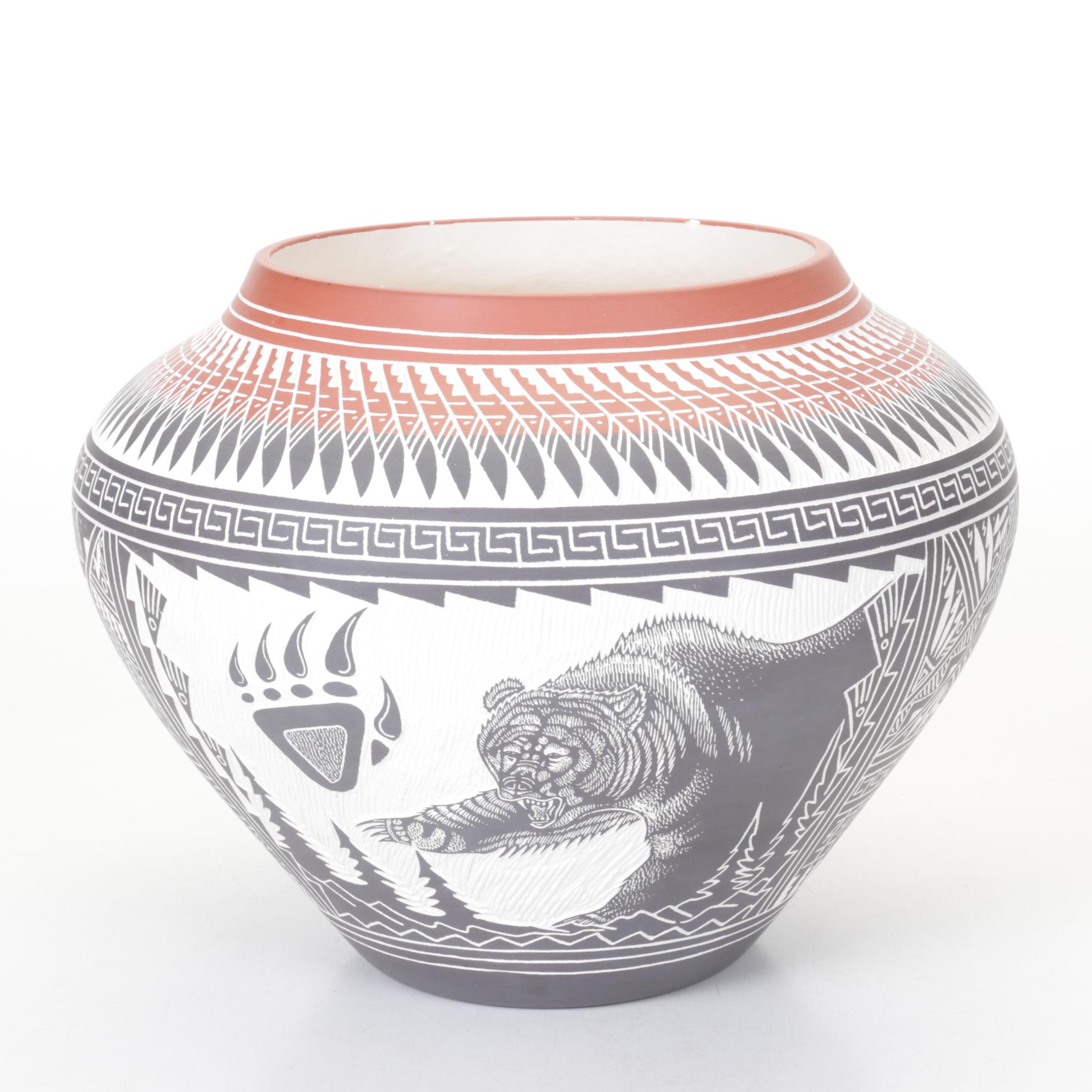 R. Aragon Acoma Pueblo Hand-Coiled Pottery Sgraffito Bear Motif Olla