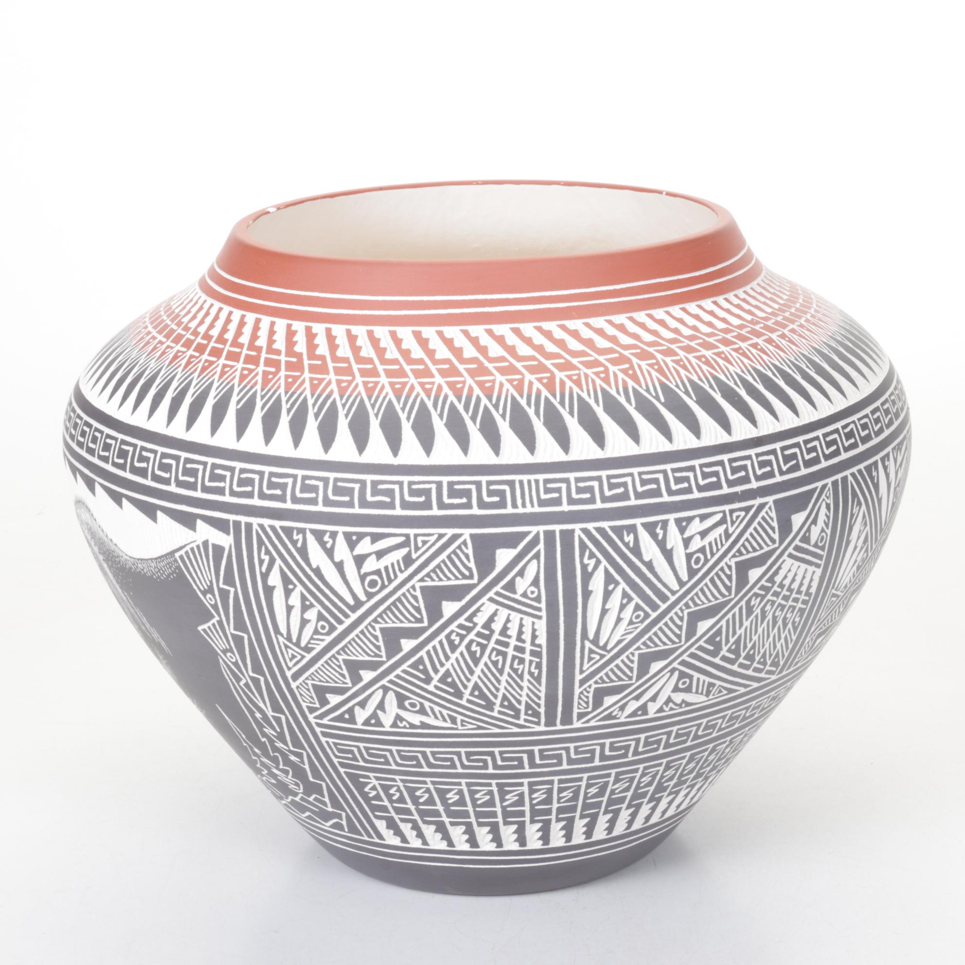 R. Aragon Acoma Pueblo Hand-Coiled Pottery Sgraffito Bear Motif Olla