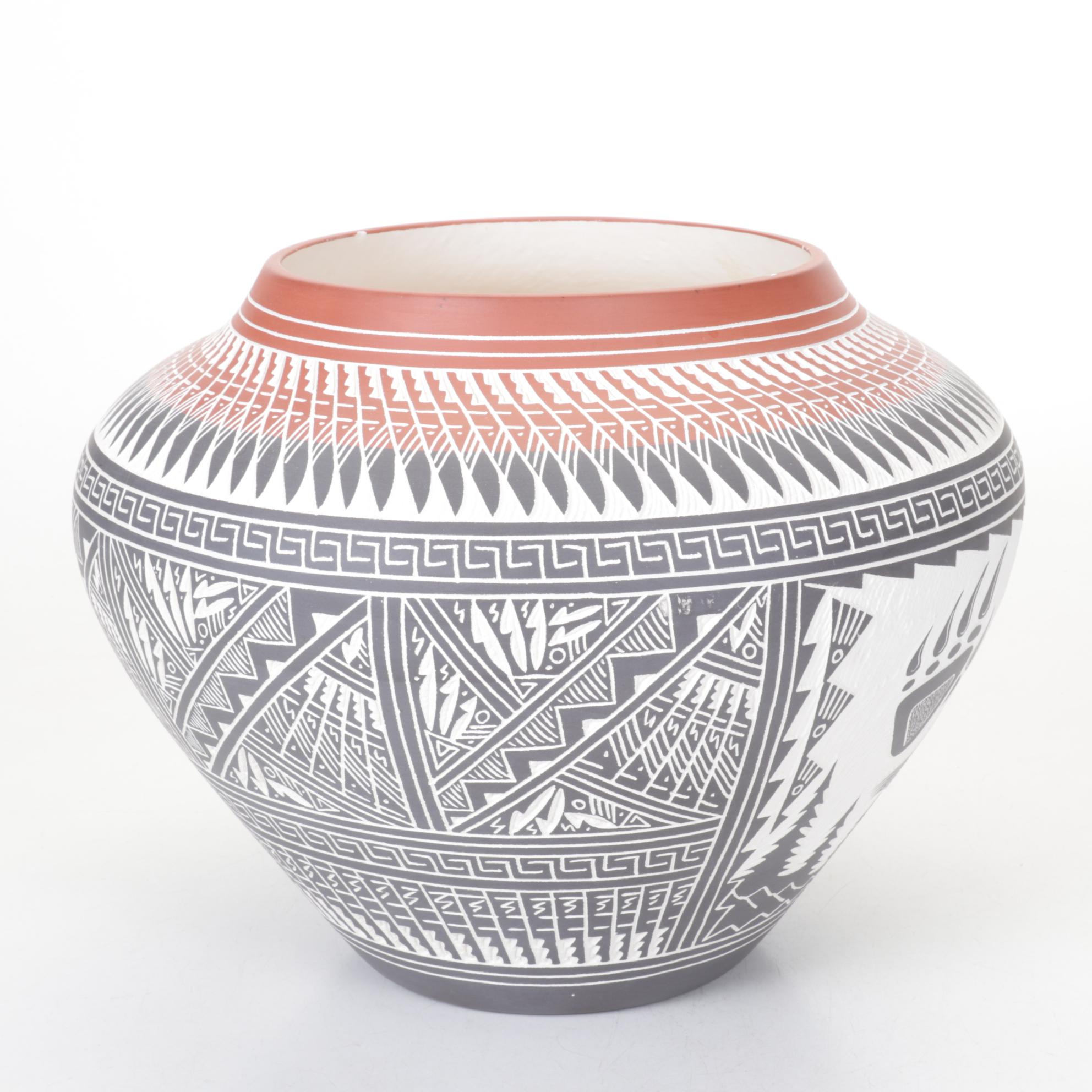 R. Aragon Acoma Pueblo Hand-Coiled Pottery Sgraffito Bear Motif Olla