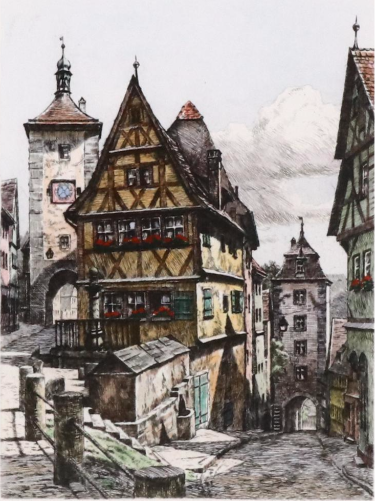 Heiner Krasser Hand-Colored Etching "Rothenburg O. T."