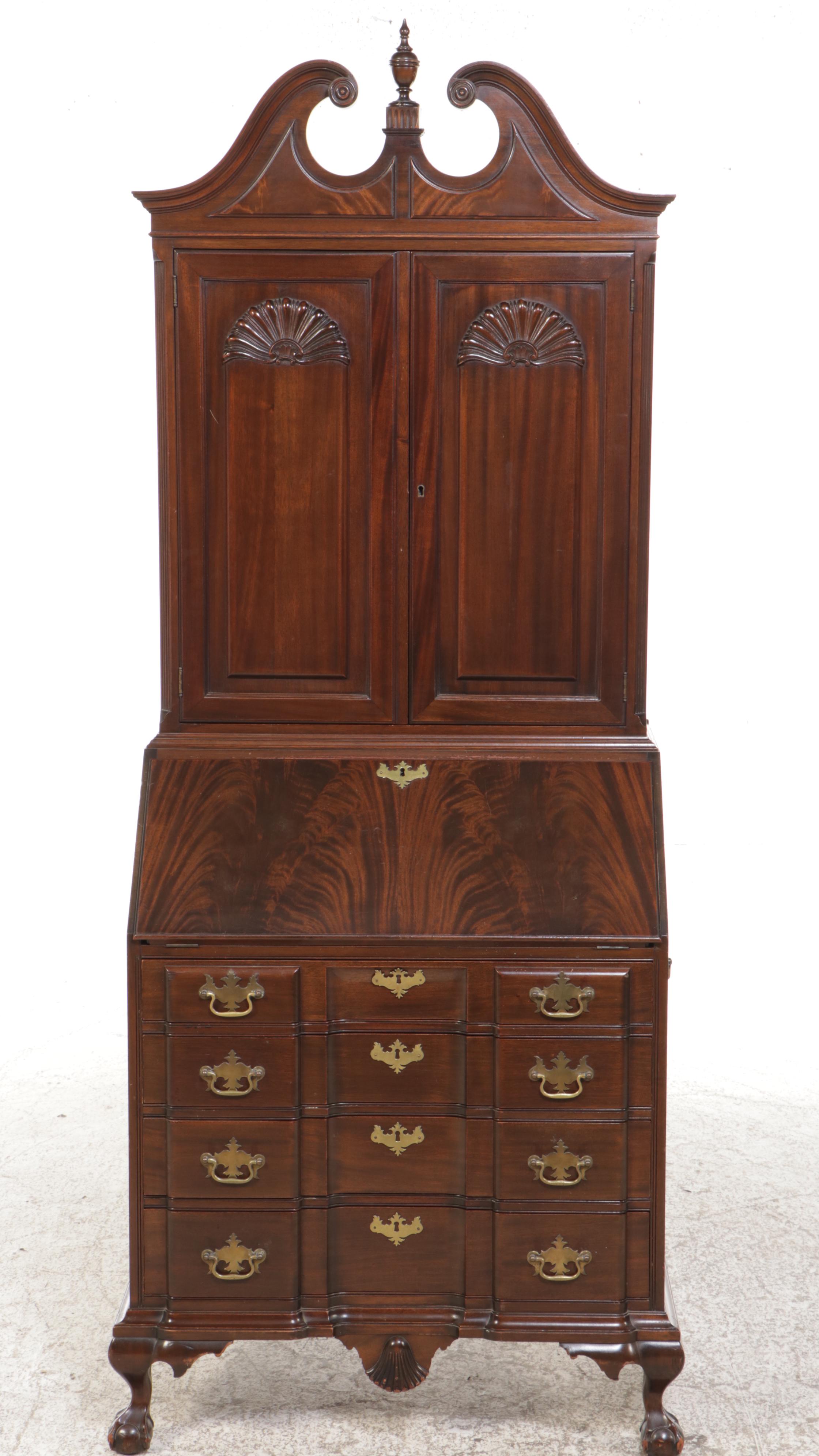 Chippendale Style Figured Mahogany Secretary Desk with Hutch, 20th Century