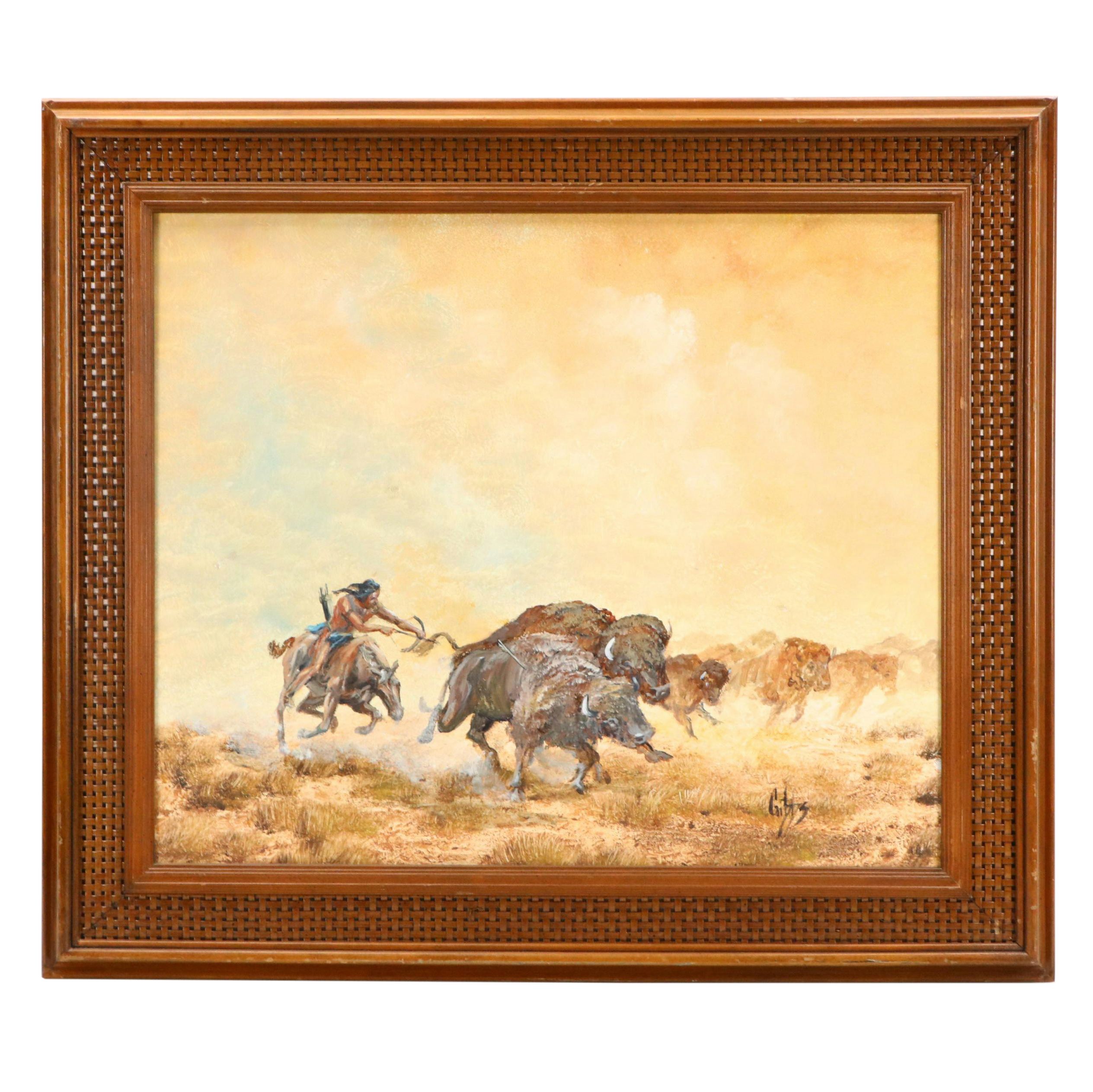 Donald A. Gibbs Western Genre Landscape Oil Painting of Buffalo Hunting Scene