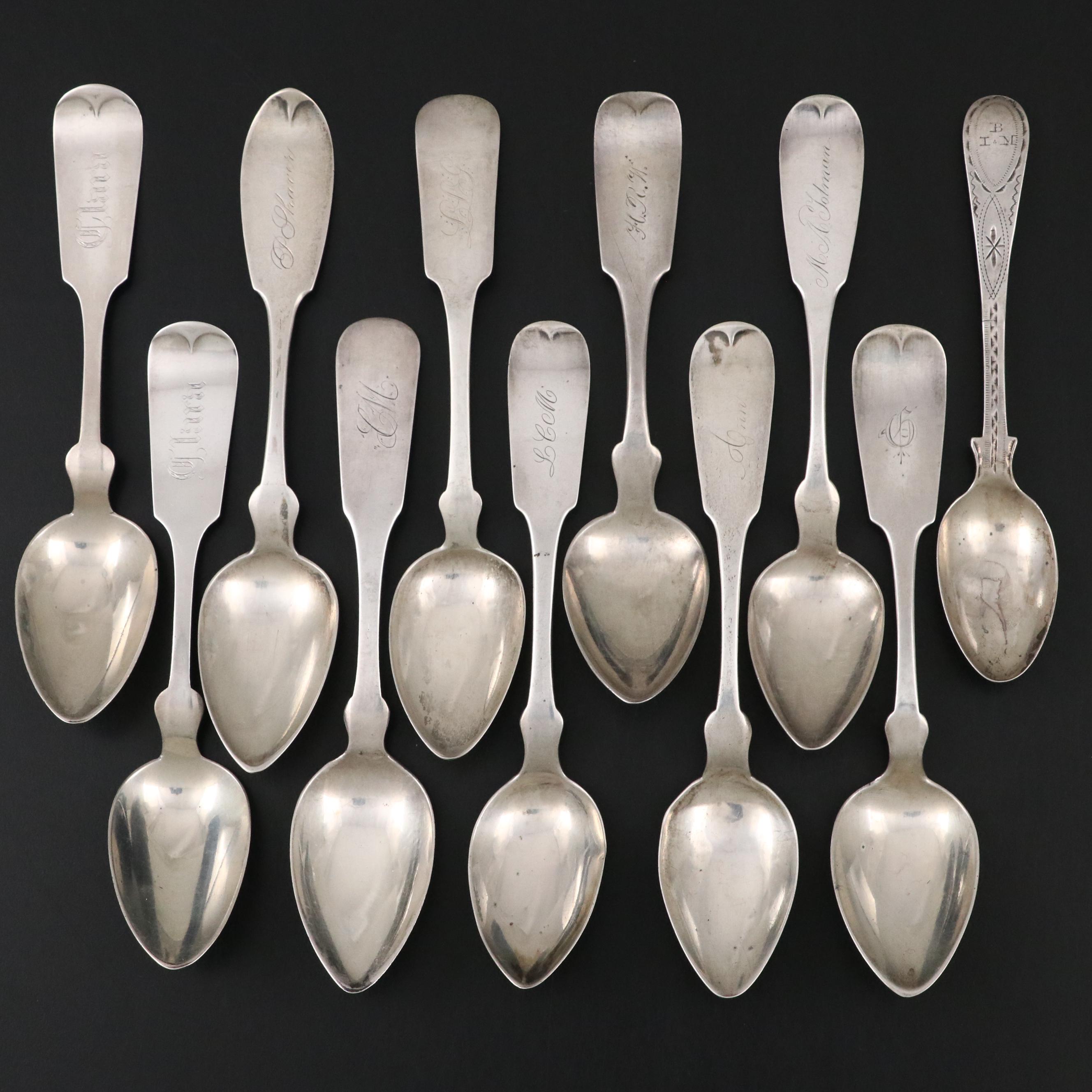 American Coin Silver Fiddle Handled Teaspoons, Early to Mid-19th Century