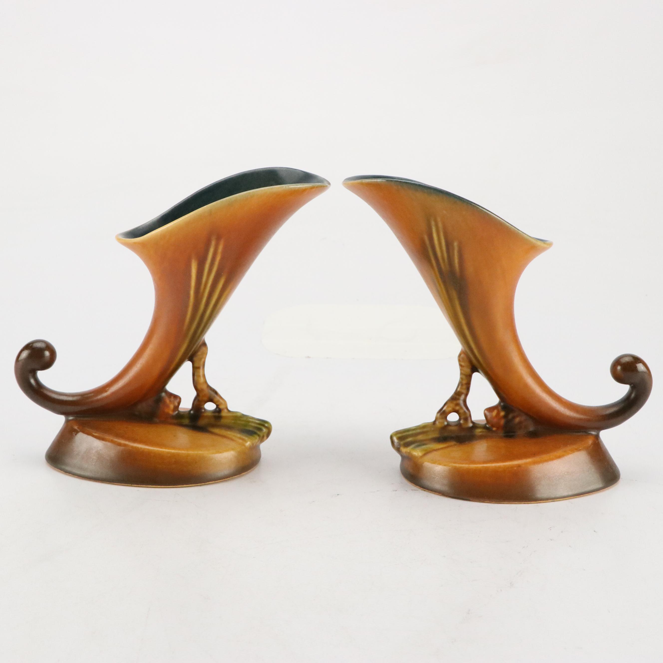 Roseville Pottery Brown "Pinecone" Low Bowl w/ Cornucopia Planters, Mid-20th C.