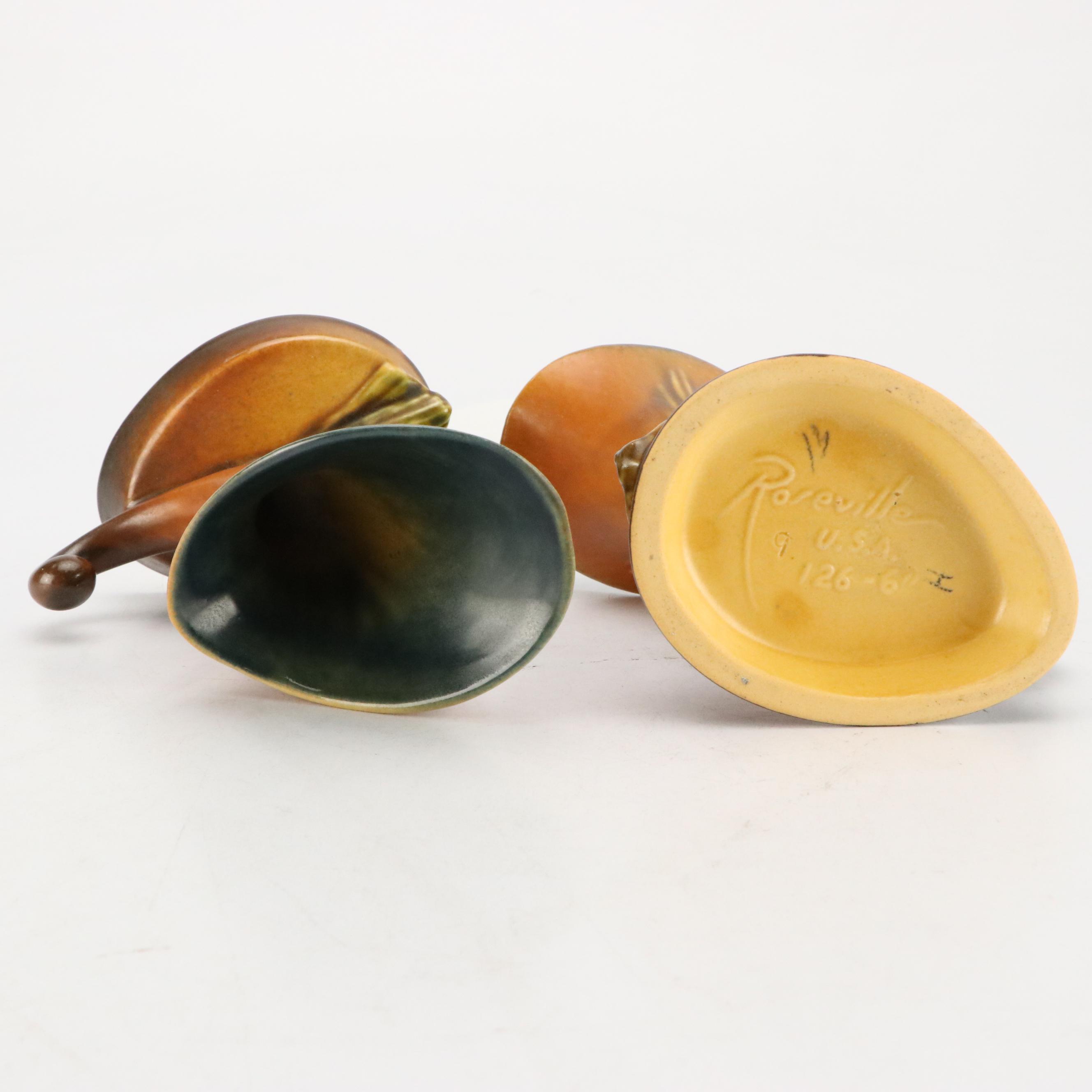 Roseville Pottery Brown "Pinecone" Low Bowl w/ Cornucopia Planters, Mid-20th C.