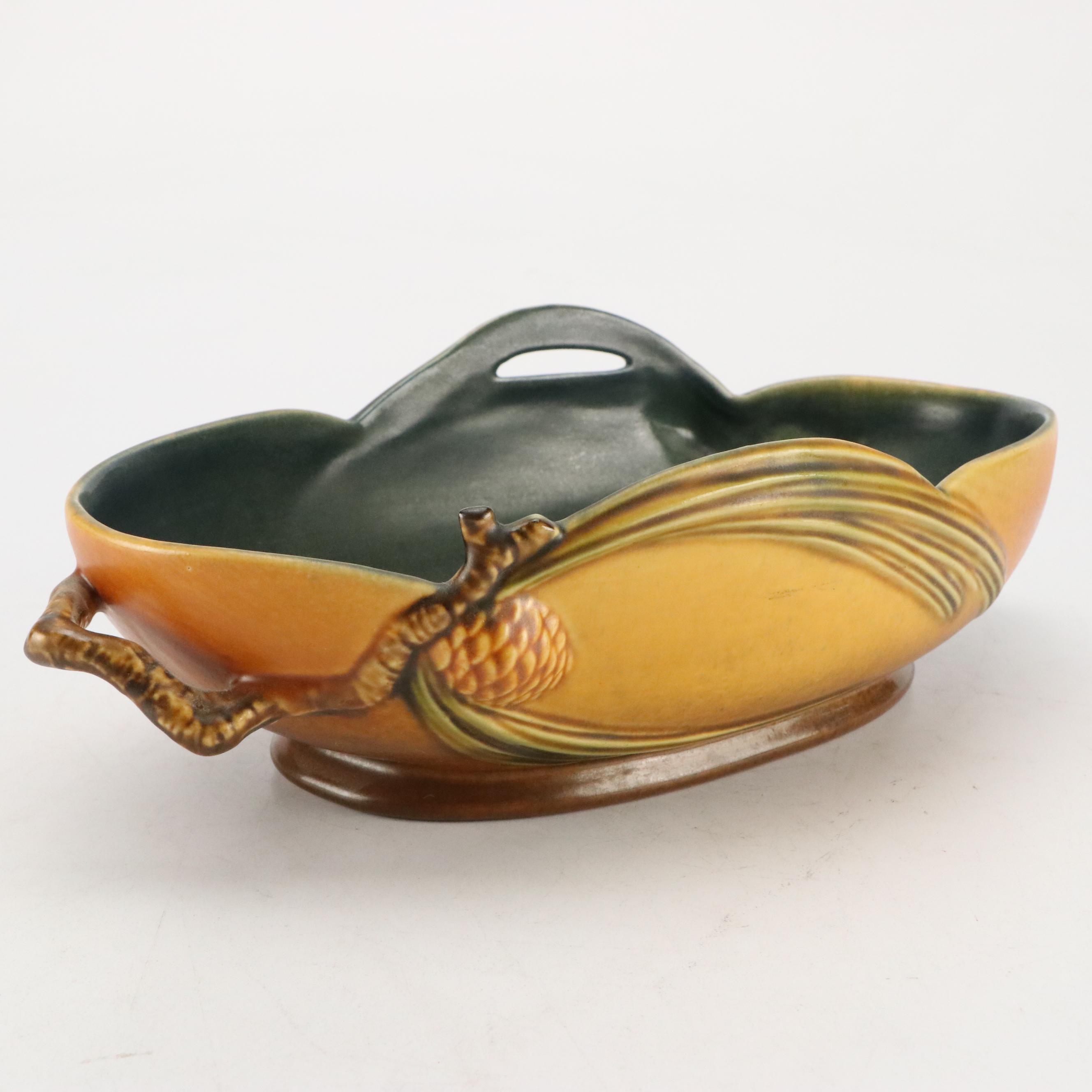 Roseville Pottery Brown "Pinecone" Low Bowl w/ Cornucopia Planters, Mid-20th C.