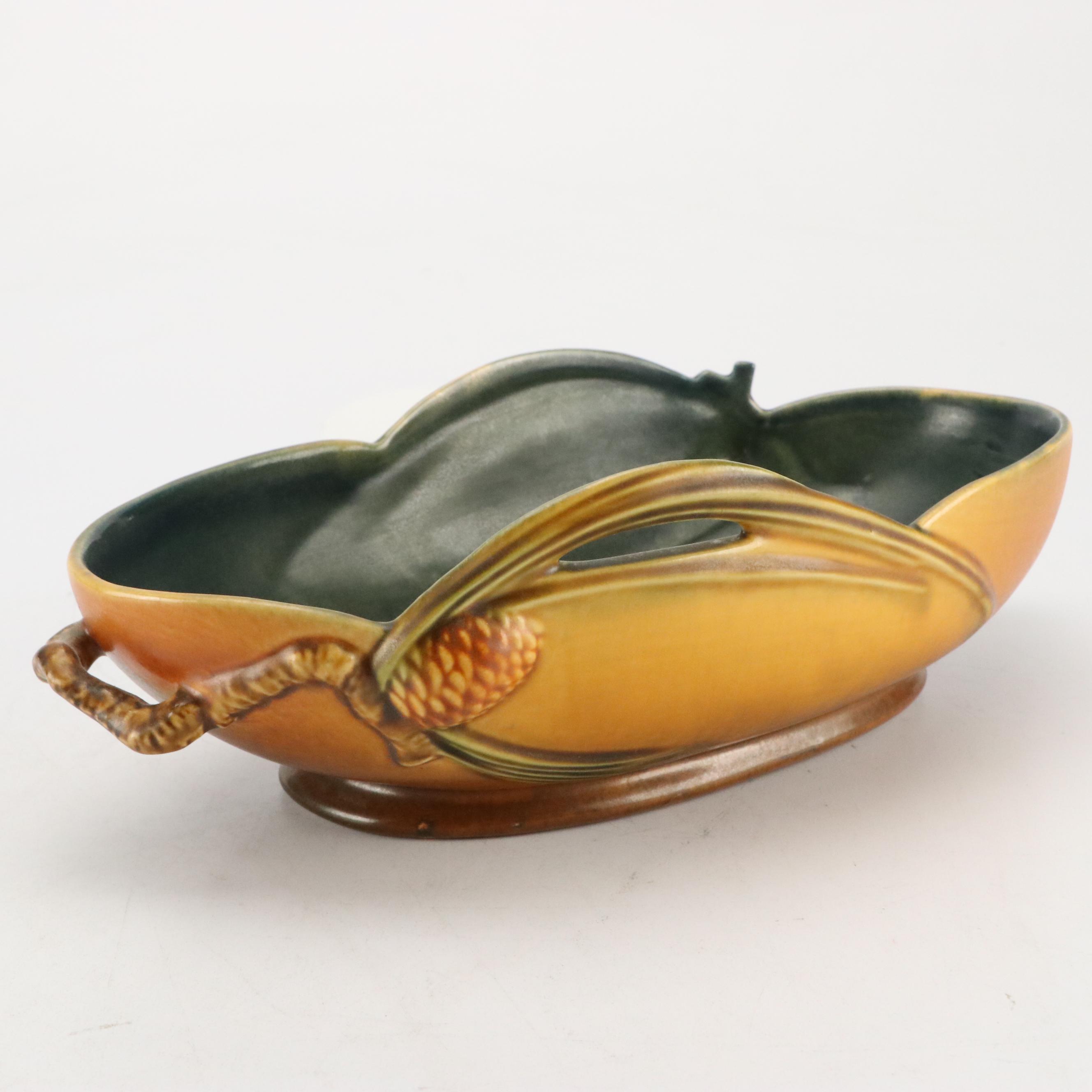 Roseville Pottery Brown "Pinecone" Low Bowl w/ Cornucopia Planters, Mid-20th C.