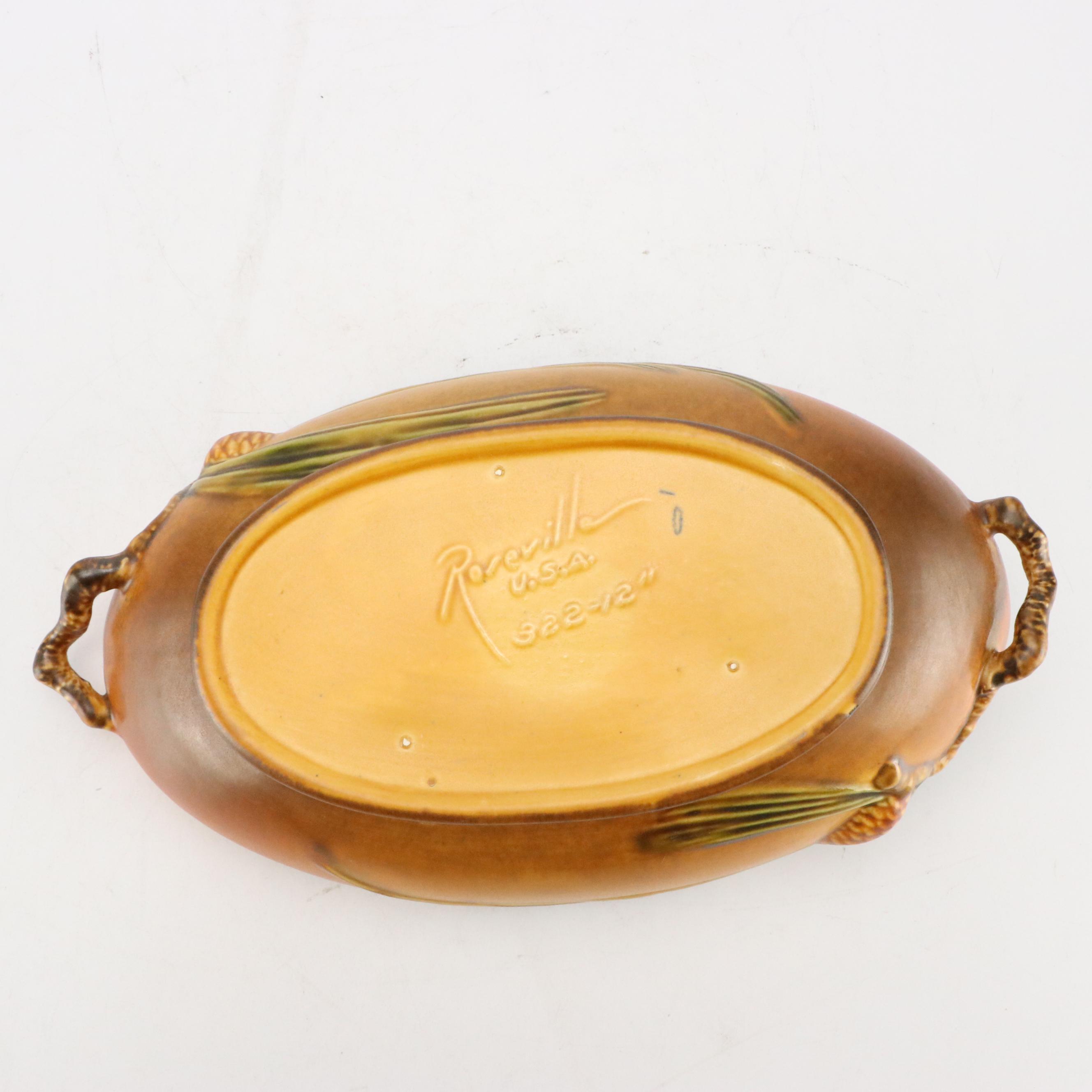 Roseville Pottery Brown "Pinecone" Low Bowl w/ Cornucopia Planters, Mid-20th C.