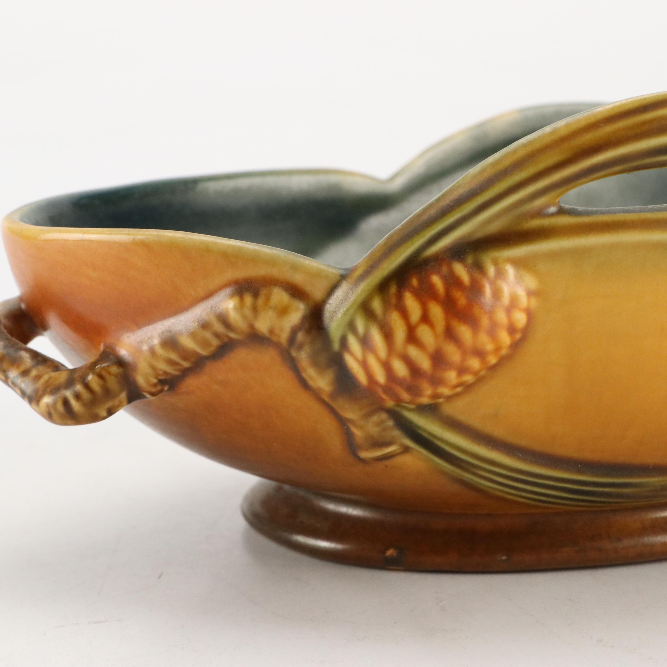 Roseville Pottery Brown "Pinecone" Low Bowl w/ Cornucopia Planters, Mid-20th C.