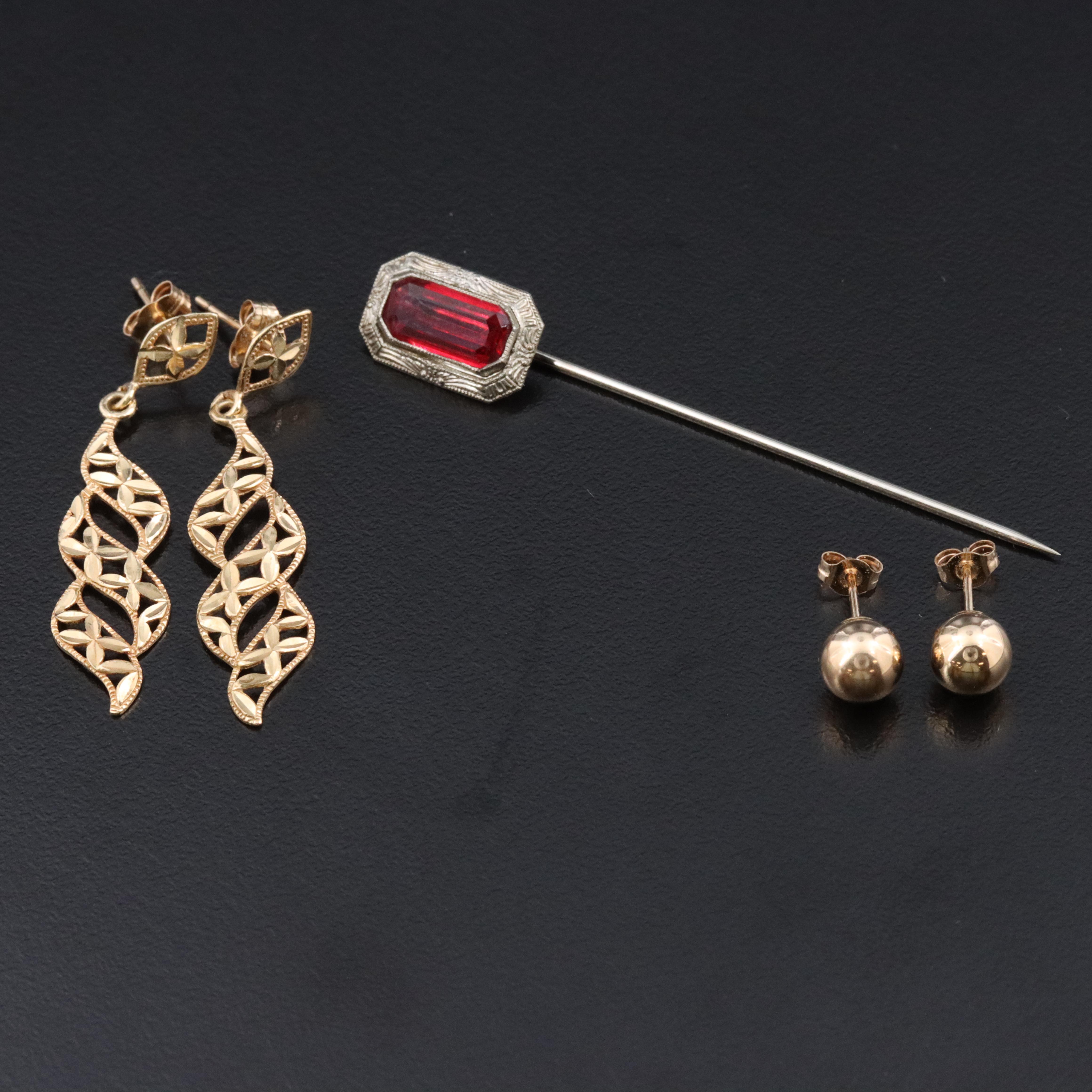 Antique 10K Glass Stickpin with 14K Drop and Stud Earrings