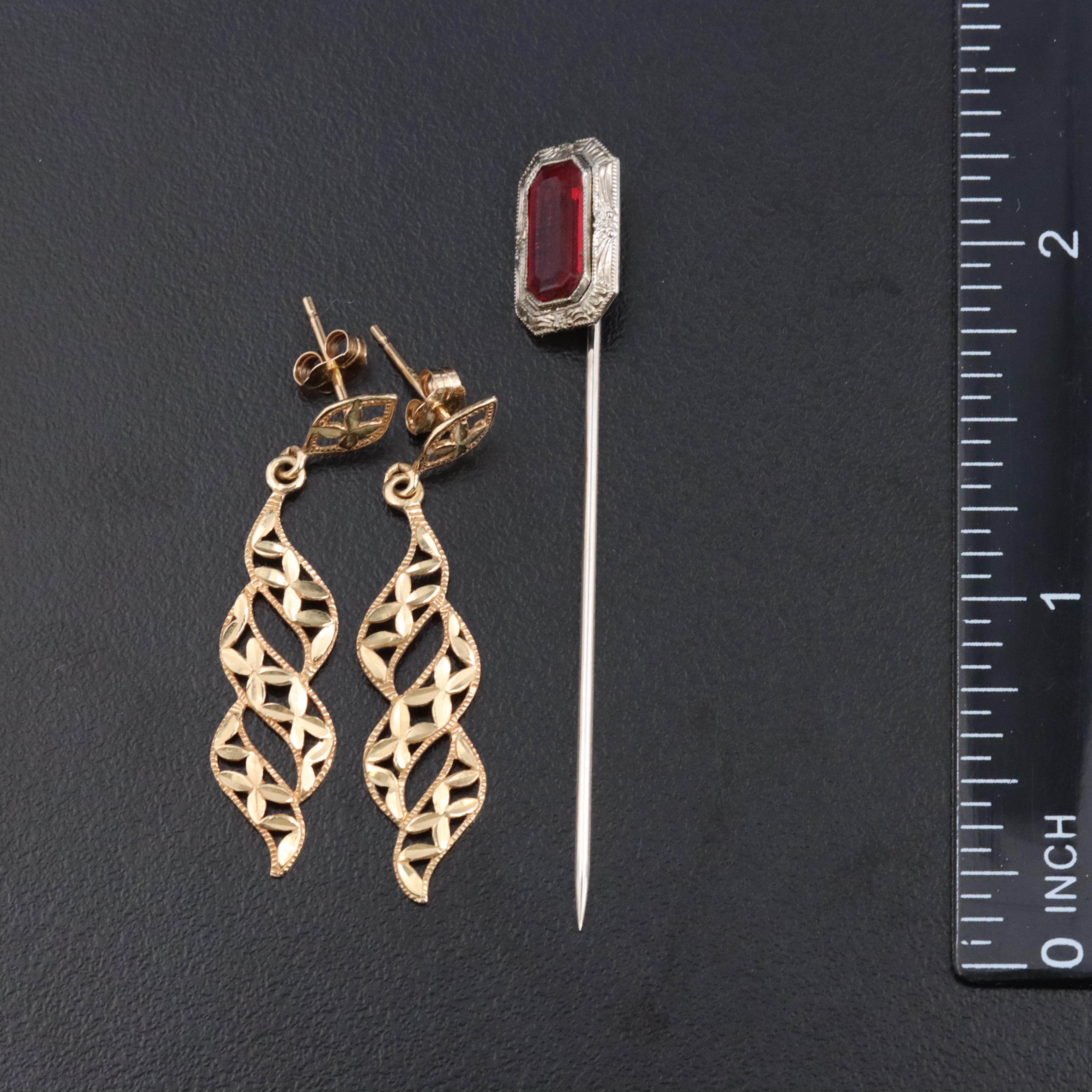 Antique 10K Glass Stickpin with 14K Drop and Stud Earrings
