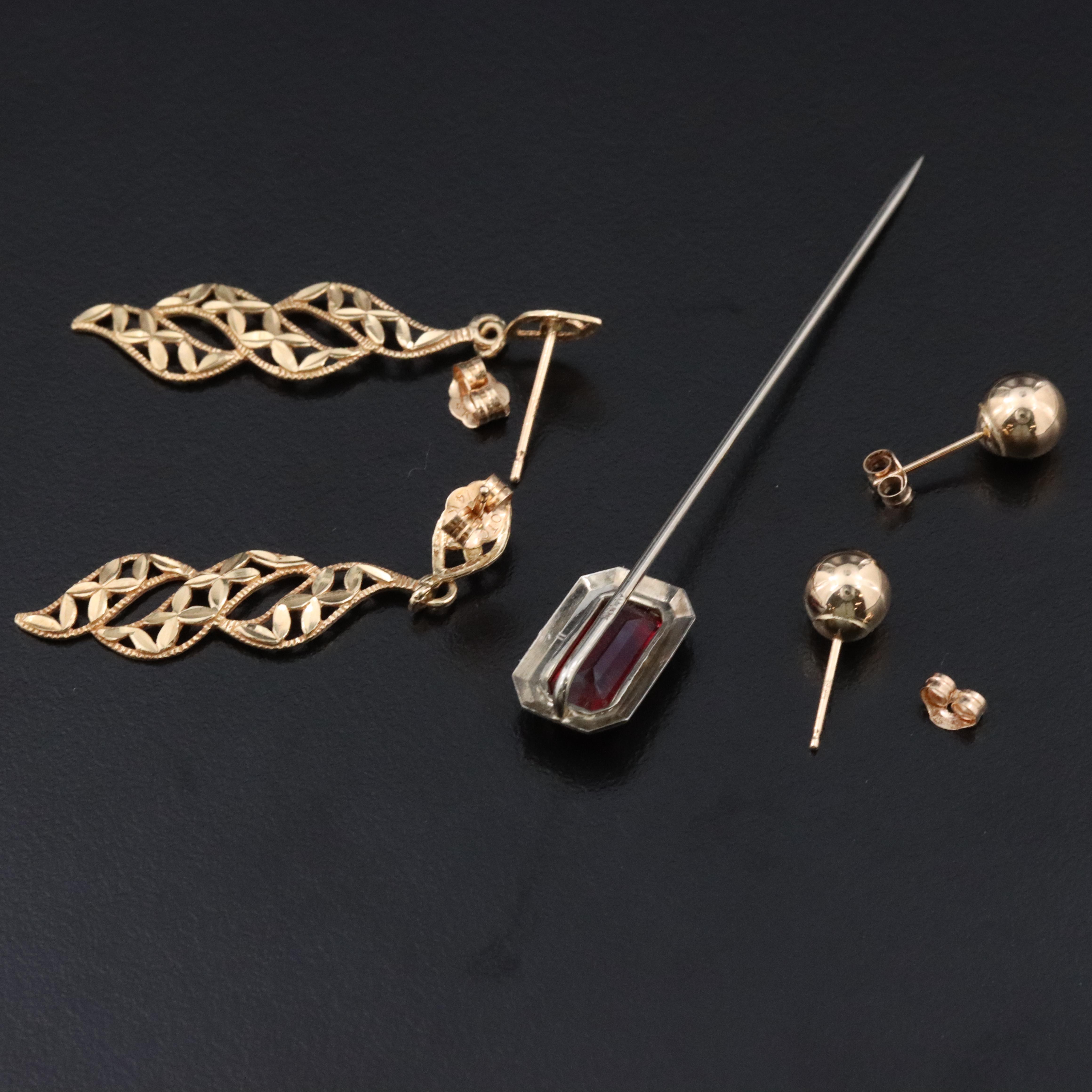 Antique 10K Glass Stickpin with 14K Drop and Stud Earrings