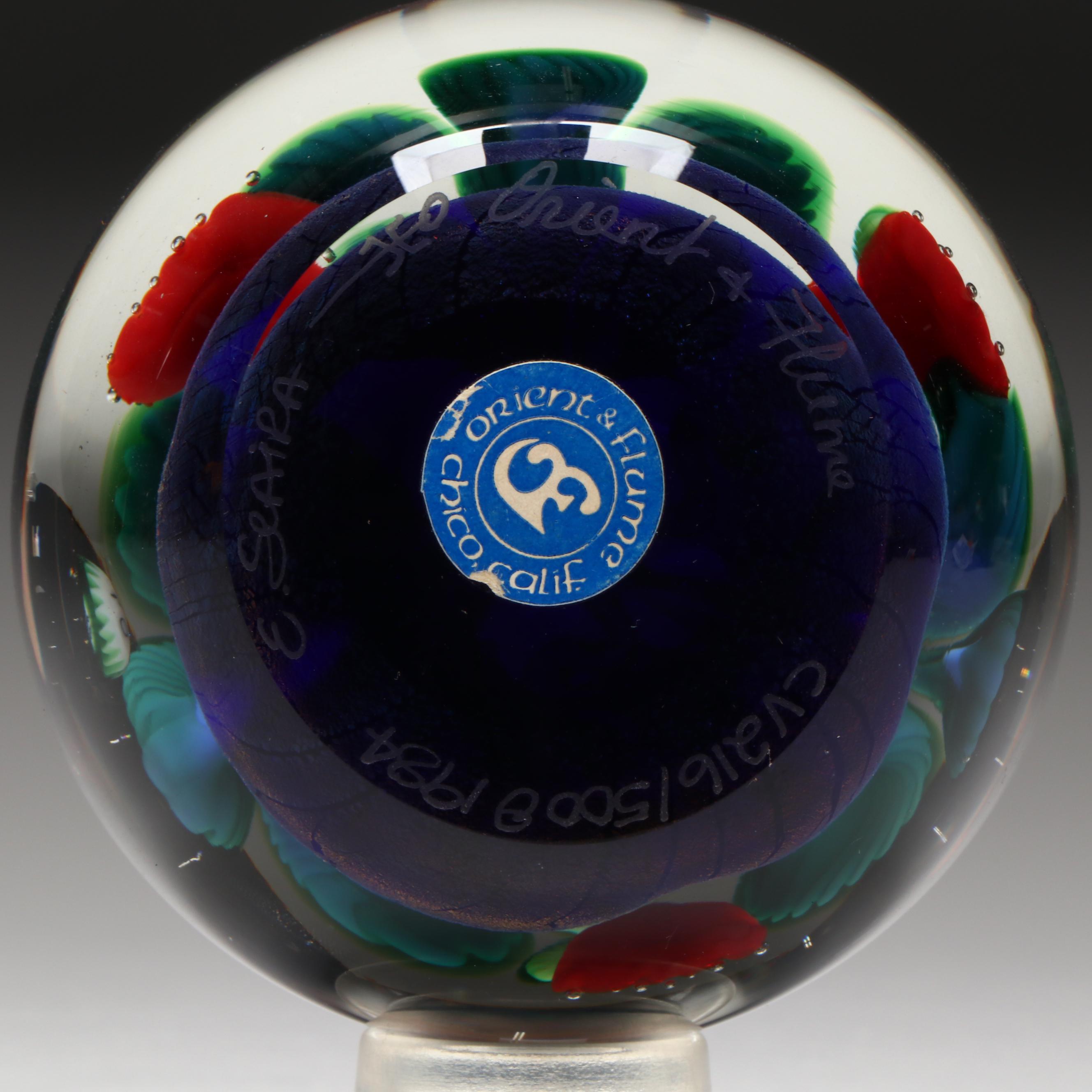 Orient & Flume Limited Ed. Floral, Berry and Dichroic Glass Paperweight, 1984