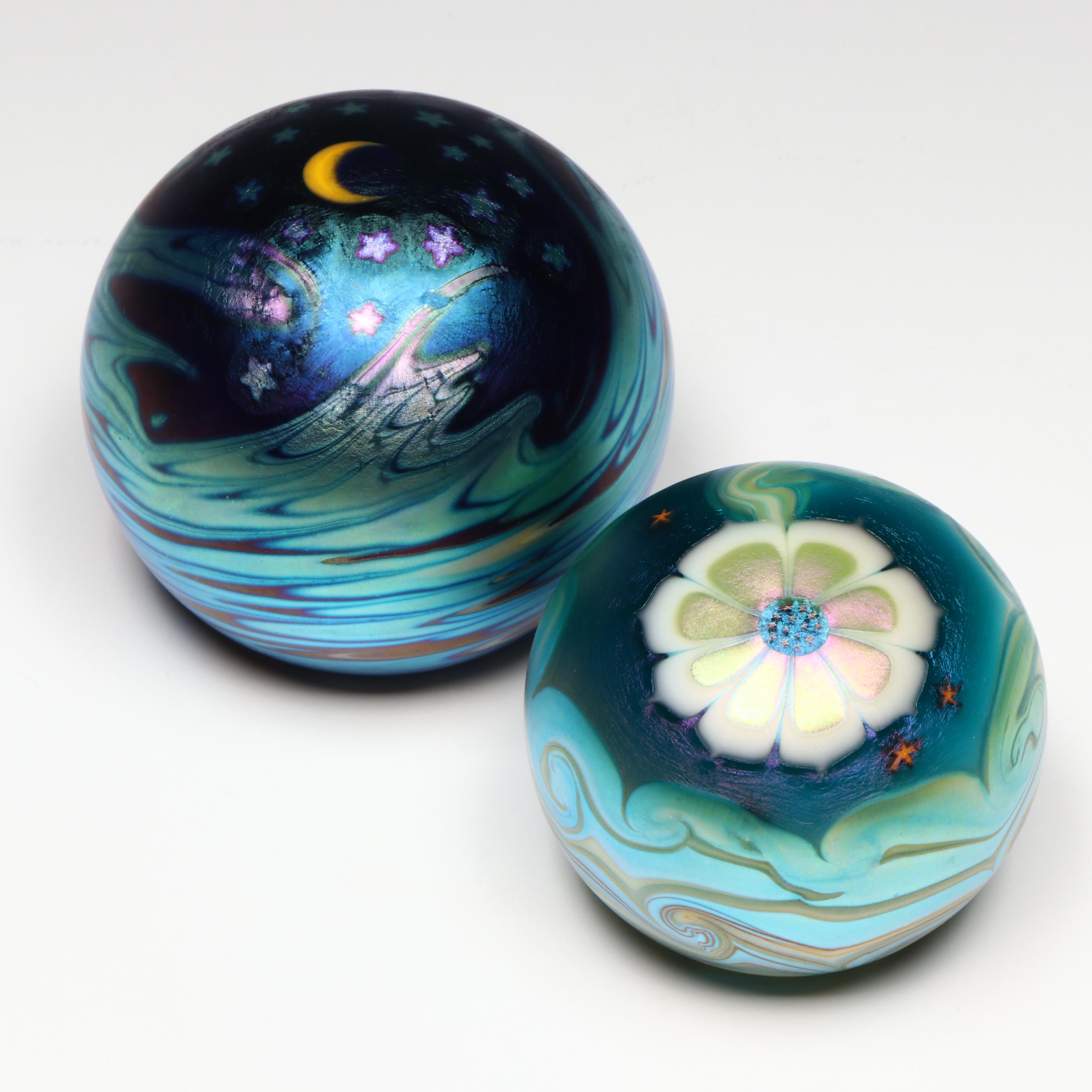 Lundberg Studios Night Sky and Floral Iridescent Art Glass Paperweights