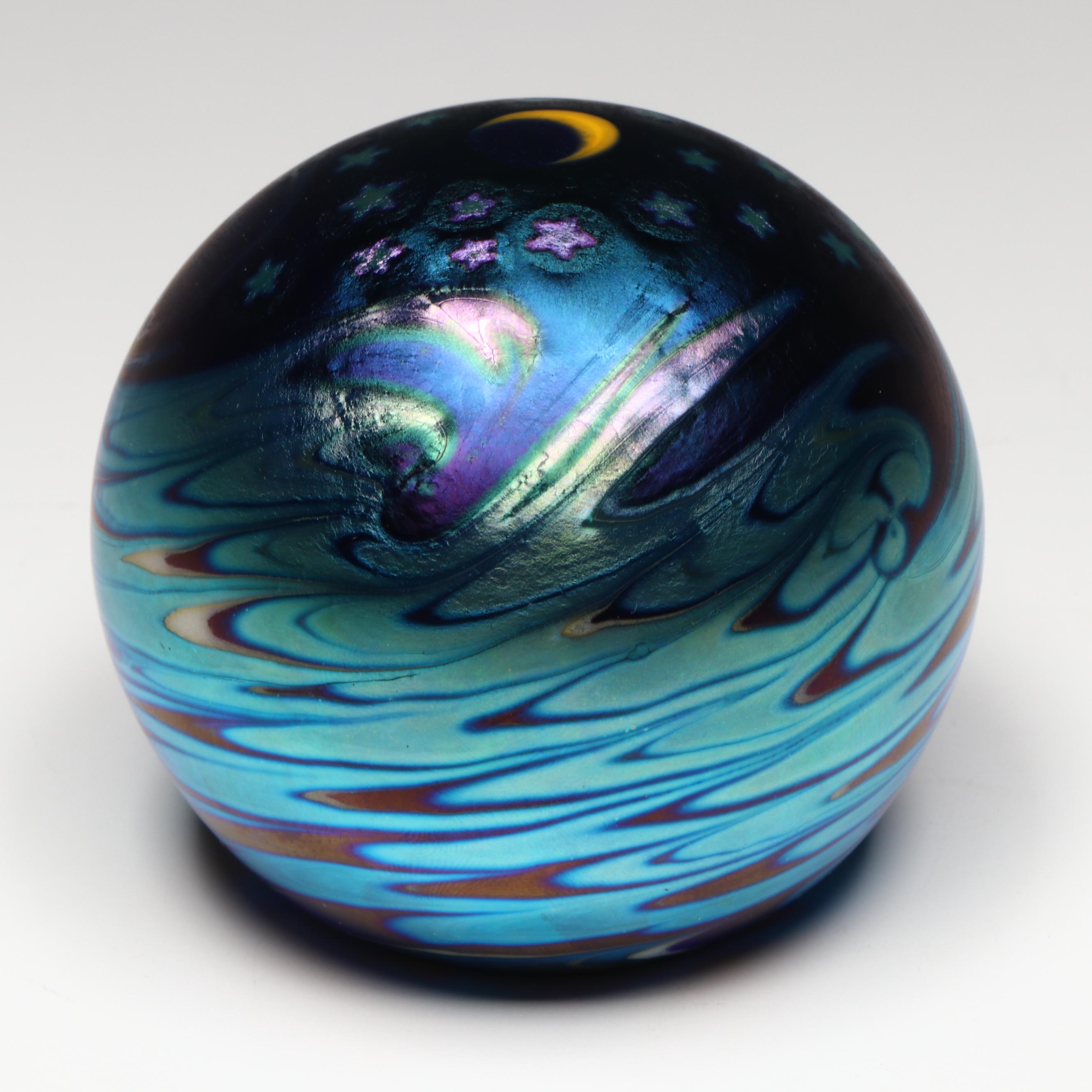 Lundberg Studios Night Sky and Floral Iridescent Art Glass Paperweights