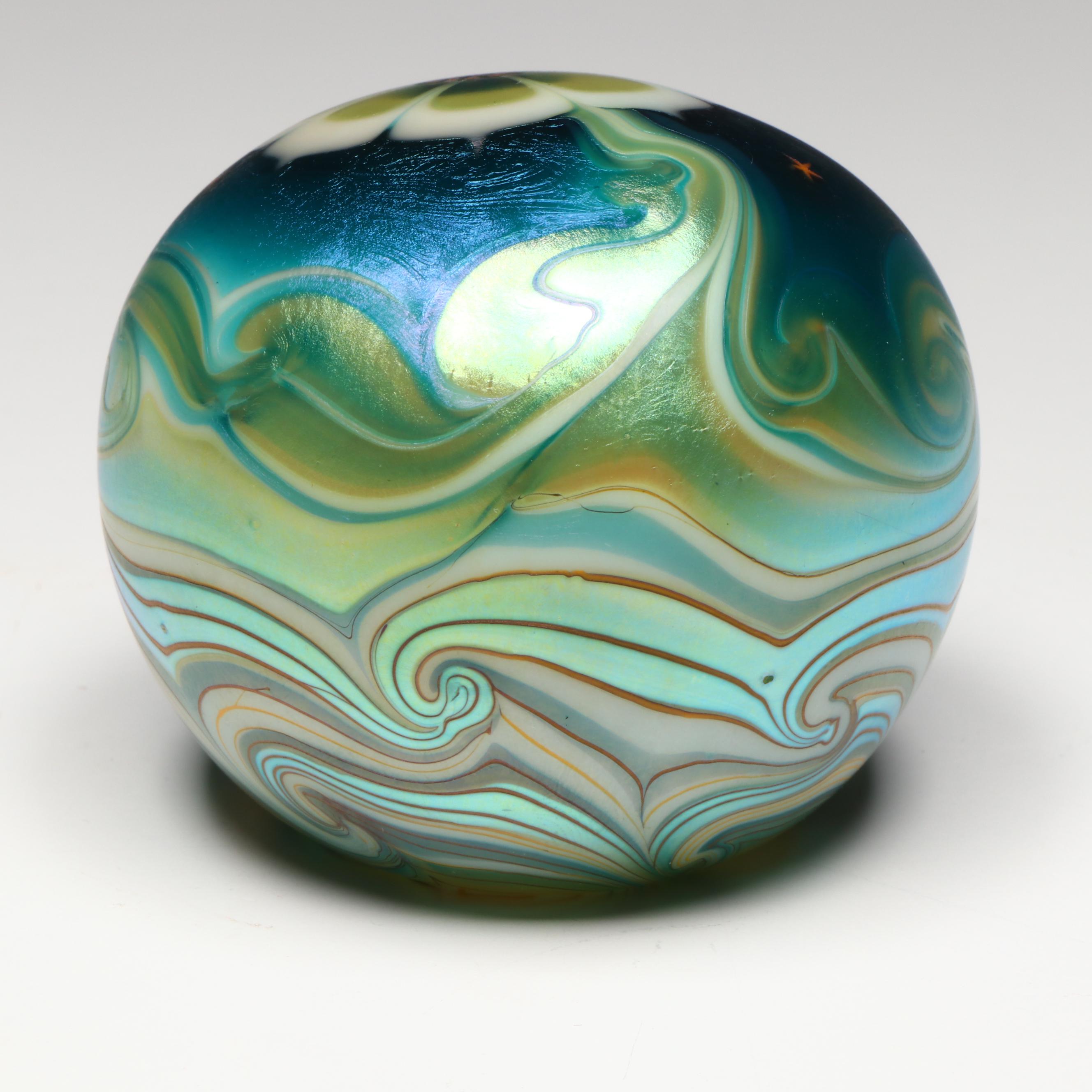 Lundberg Studios Night Sky and Floral Iridescent Art Glass Paperweights