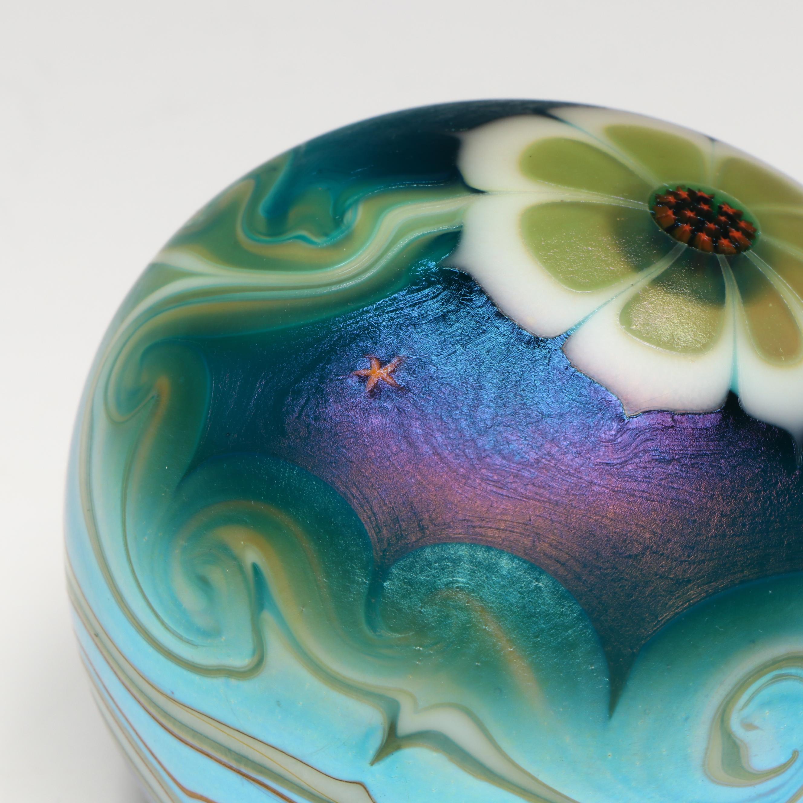 Lundberg Studios Night Sky and Floral Iridescent Art Glass Paperweights
