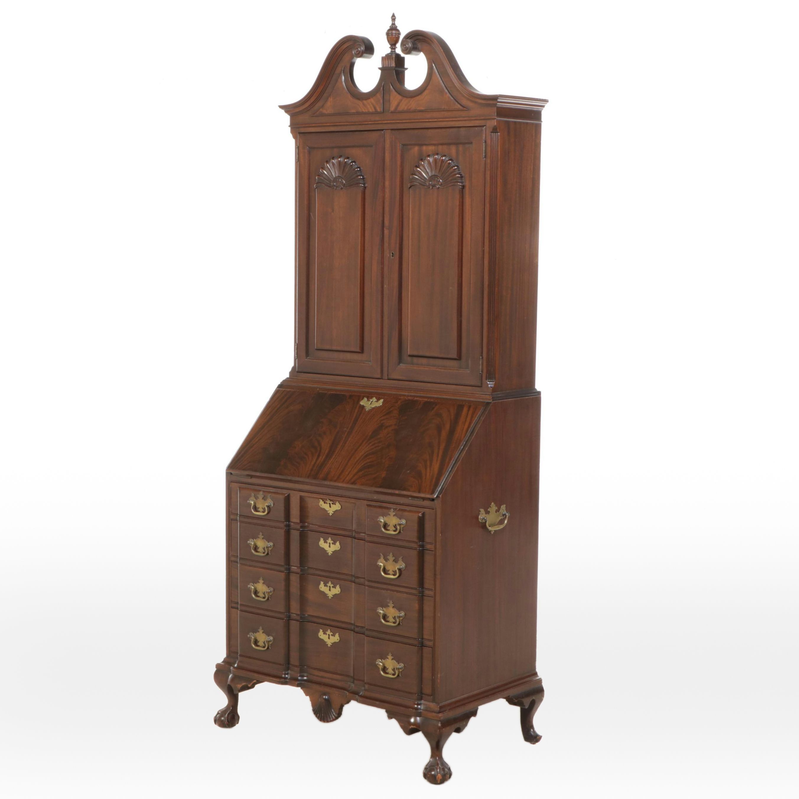 Chippendale Style Figured Mahogany Secretary Desk with Hutch, 20th Century