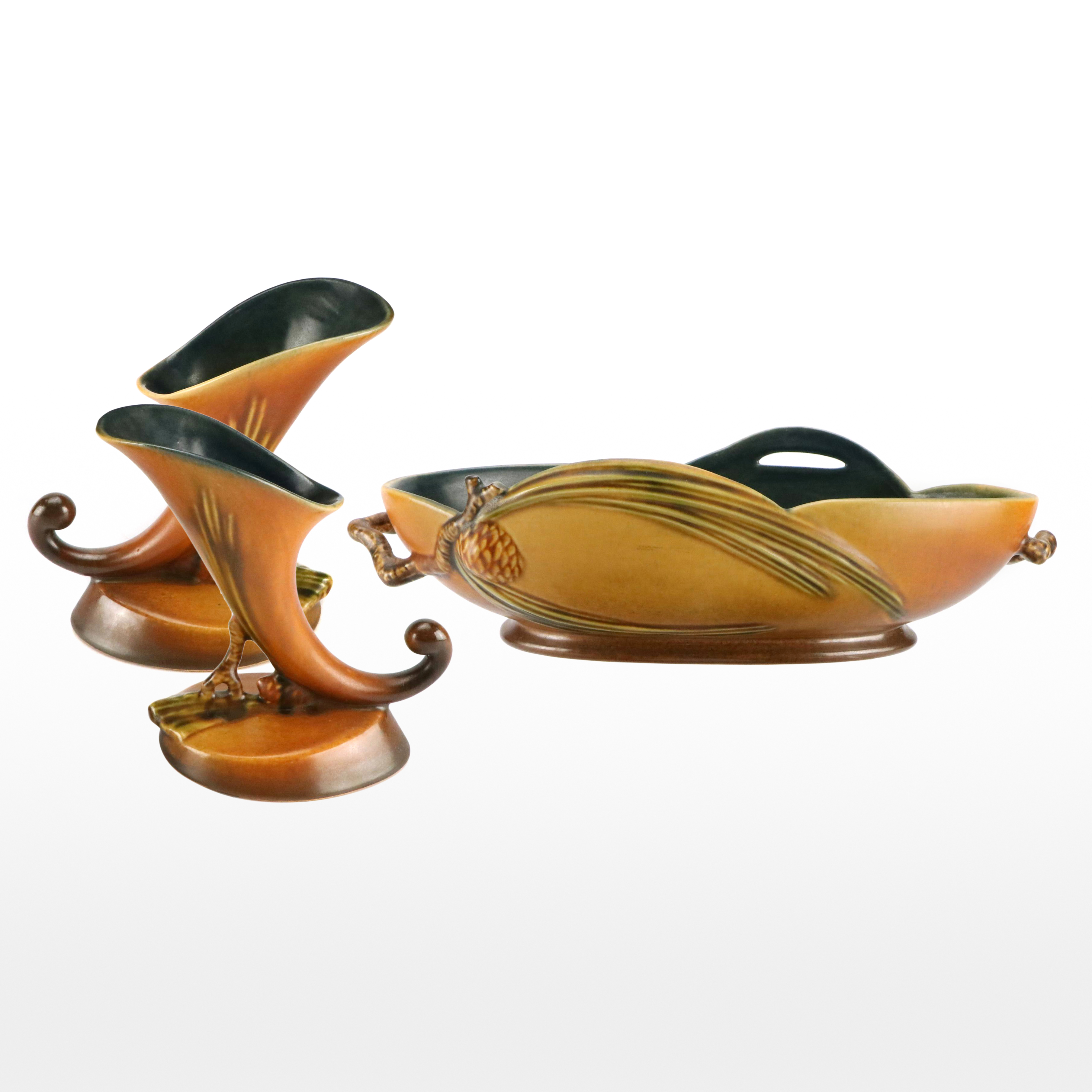 Roseville Pottery Brown "Pinecone" Low Bowl w/ Cornucopia Planters, Mid-20th C.