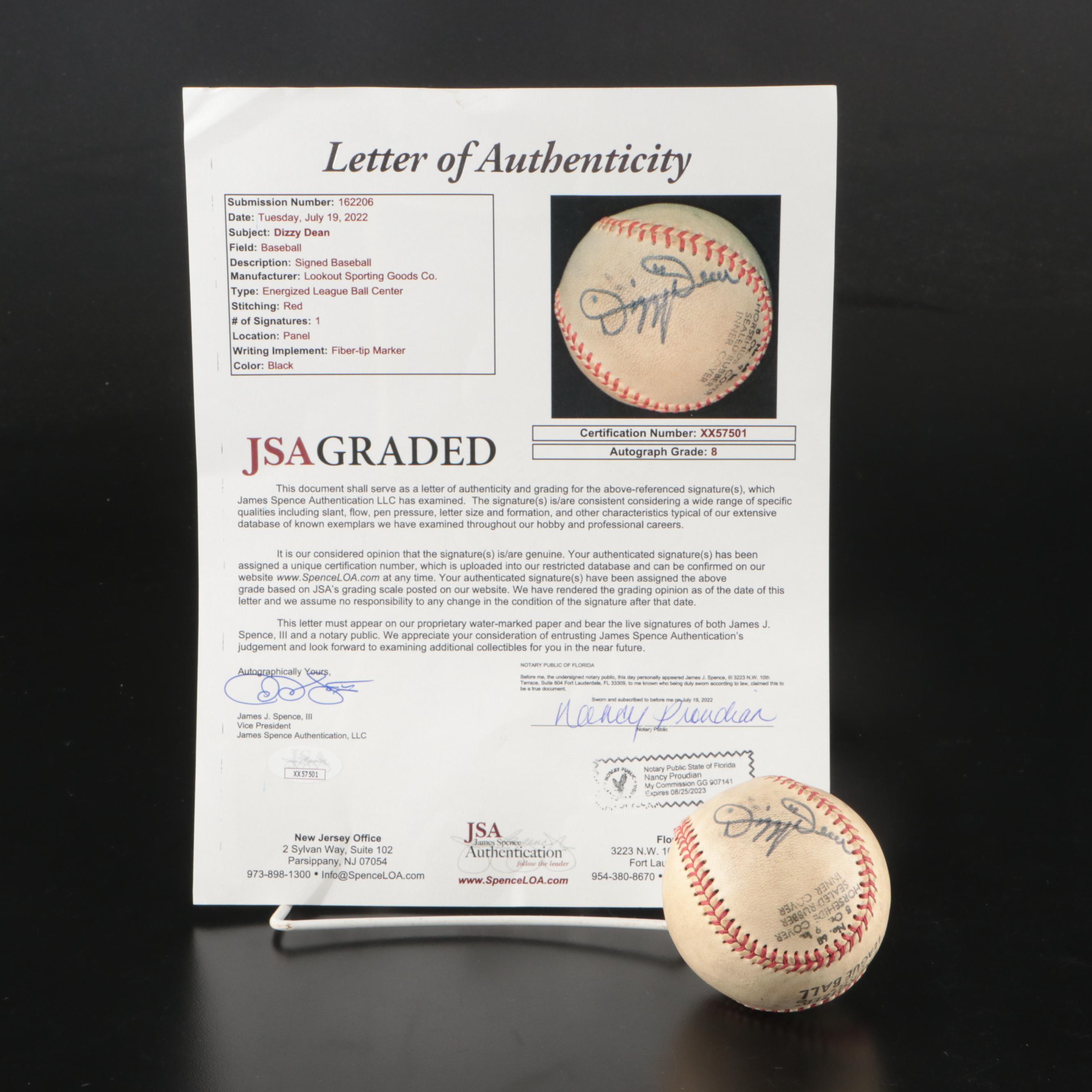 Dizzy Dean Signed Lookout Sporting Goods Baseball Graded JSA 8