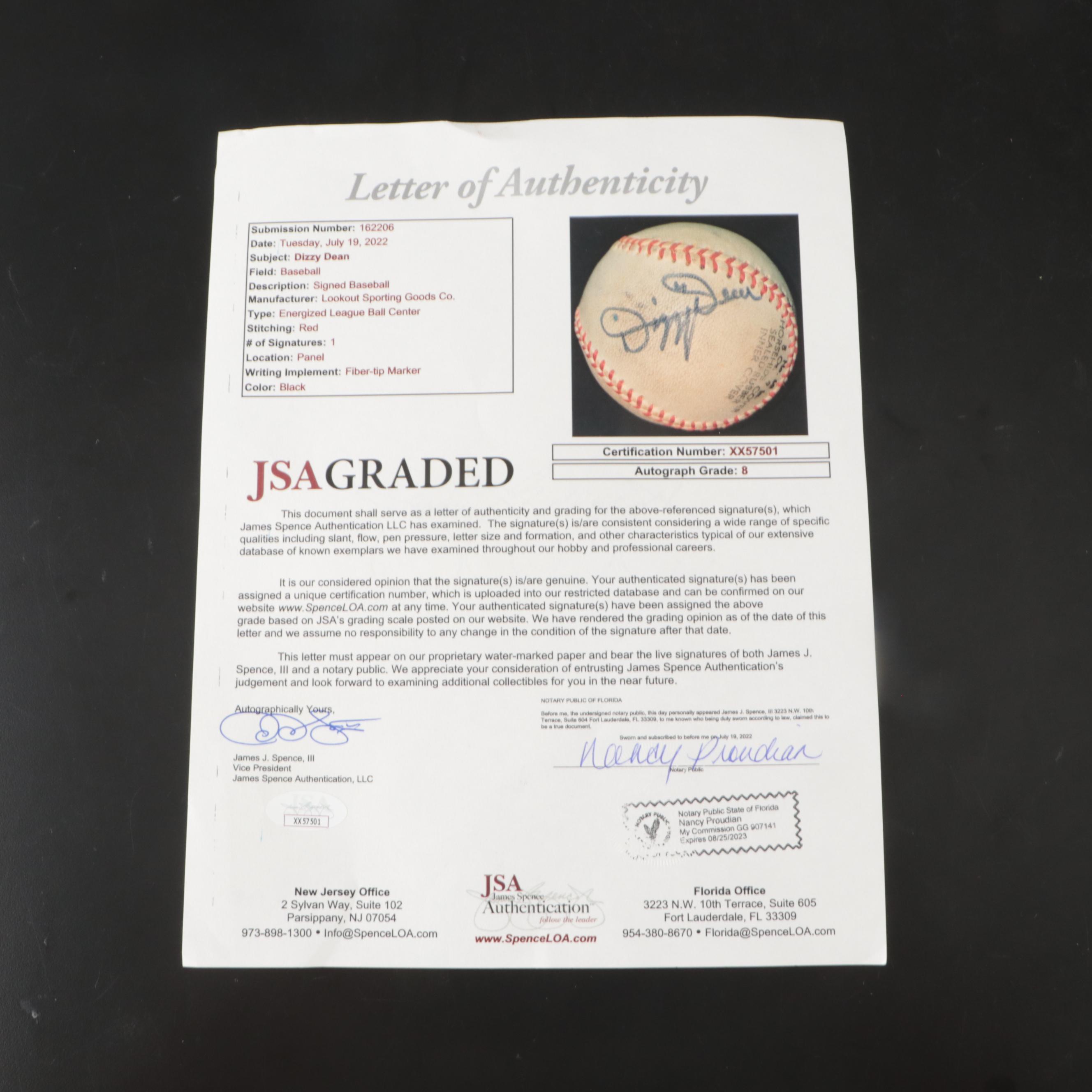 Dizzy Dean Signed Lookout Sporting Goods Baseball Graded JSA 8