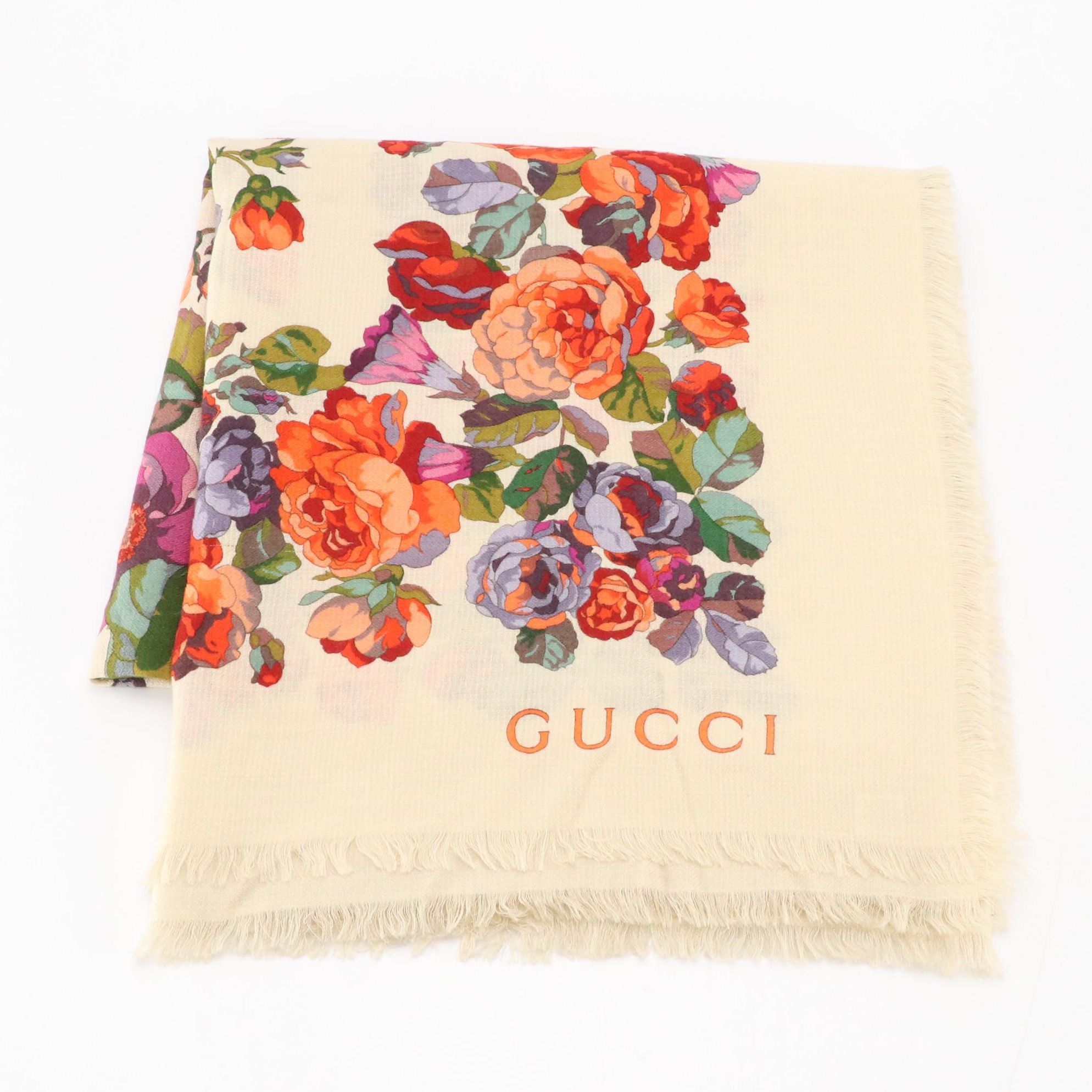Gucci Floral Wool/Silk Blend Fringe Shawl