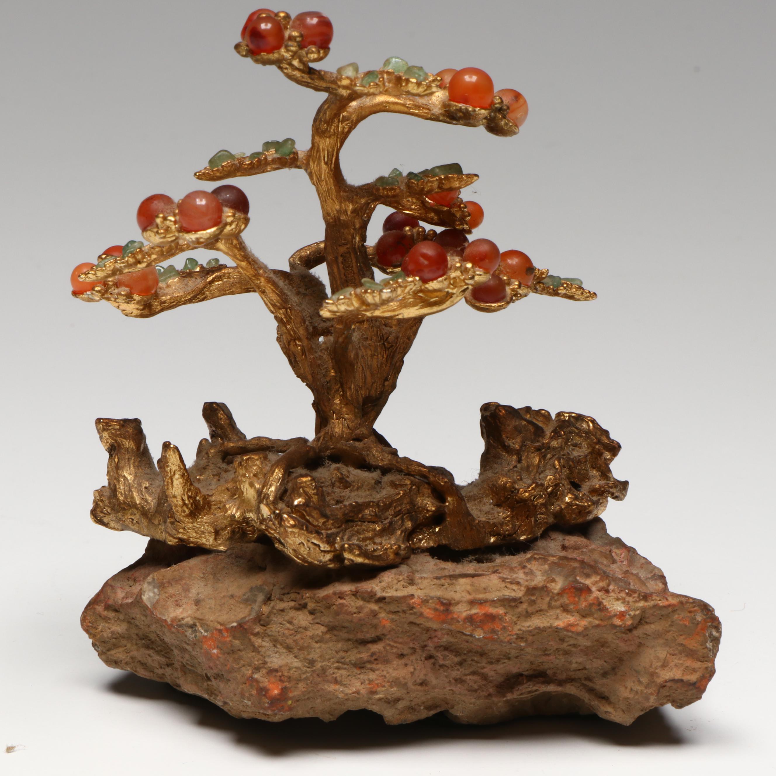 Edward Swoboda Bonsai Tree with Carved Stone Elephants and Seal