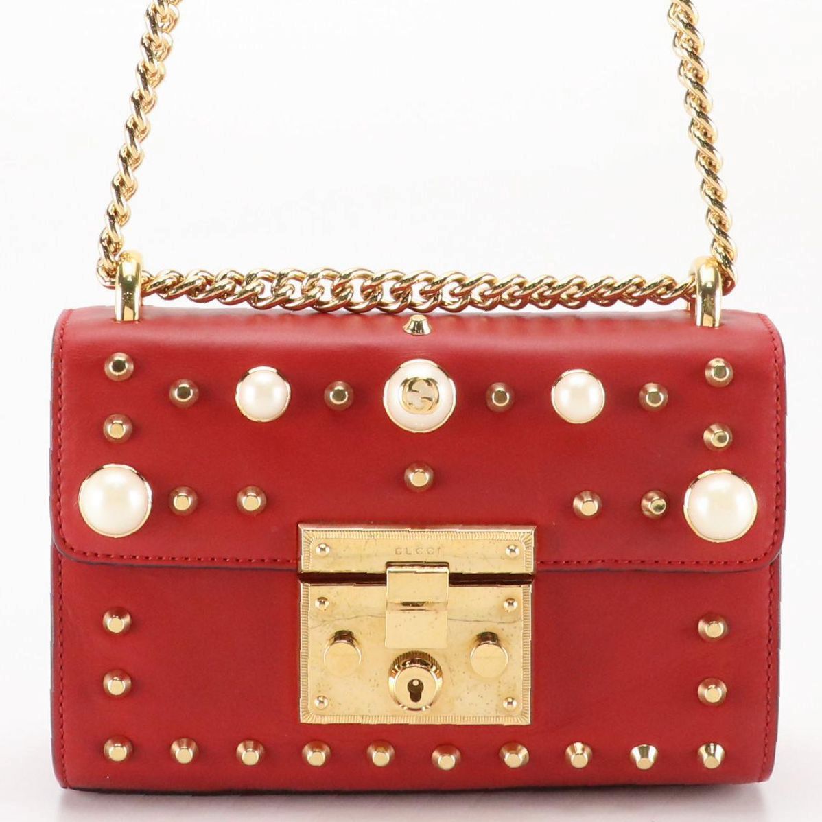 Gucci Padlock Shoulder Bag in Red Pearl Studded Calfskin Leather