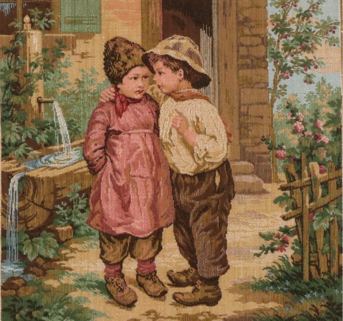 Woven Tapestry with Children in Garden, 20th Century