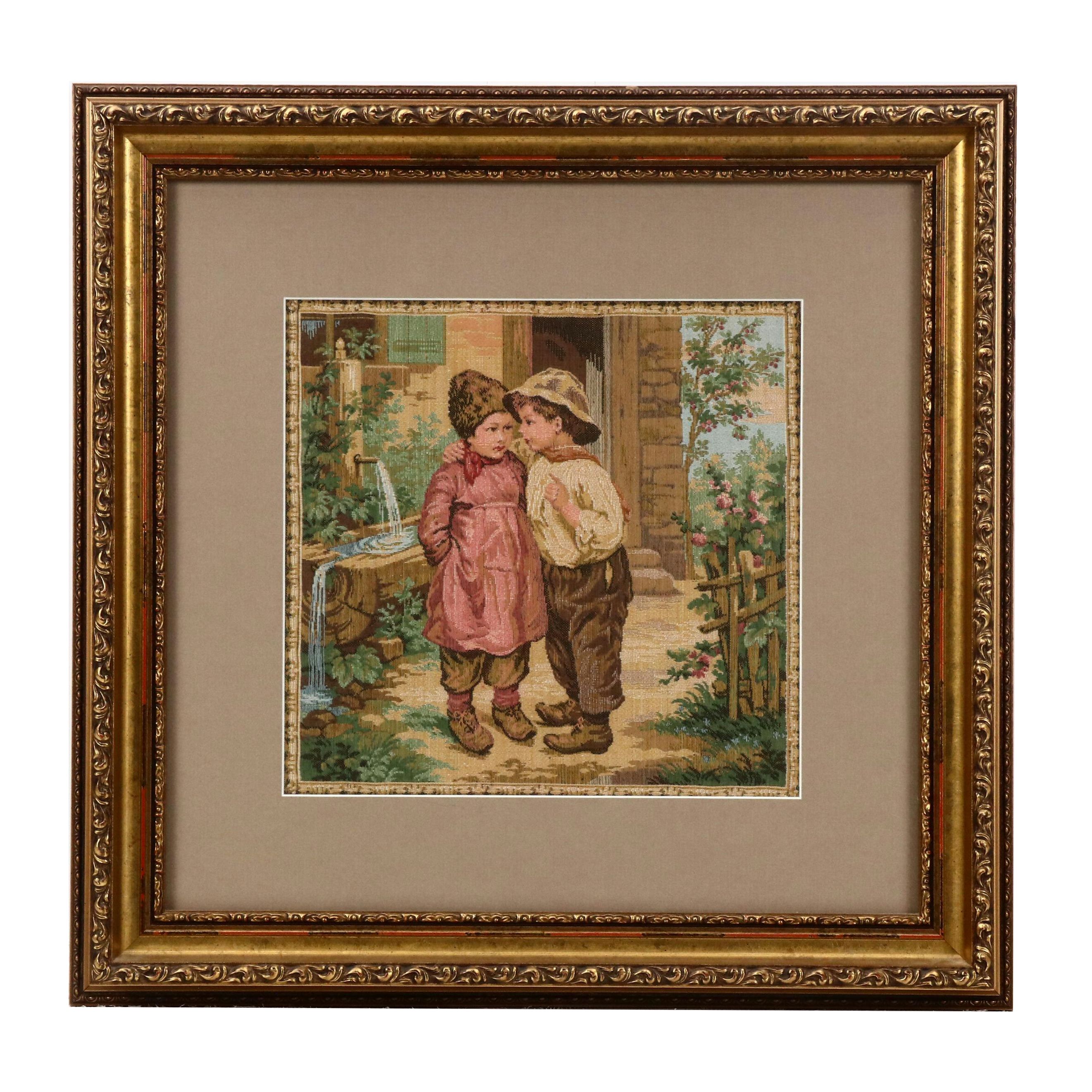 Woven Tapestry with Children in Garden, 20th Century