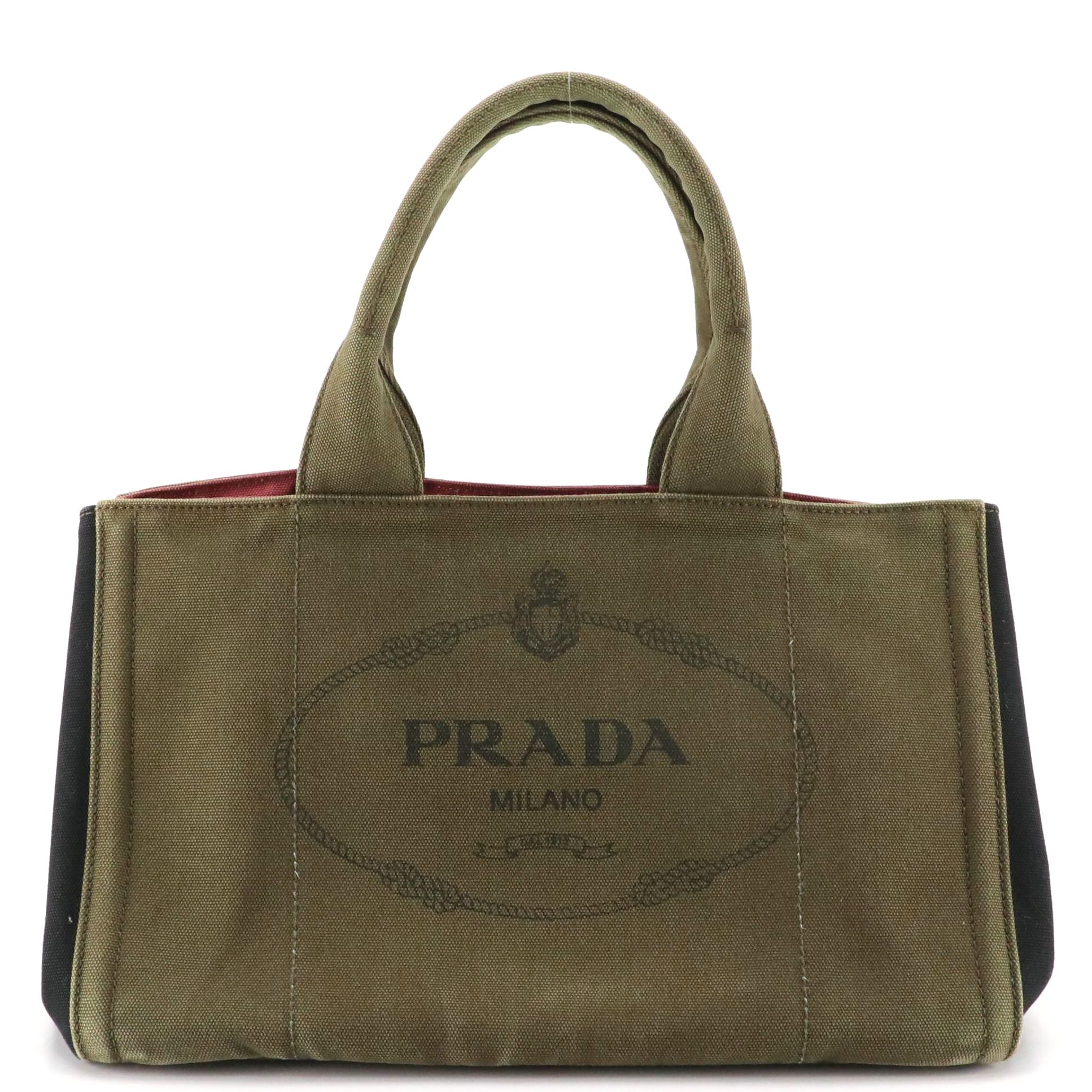 Prada Limited Edition Canapa Logo Tote in Military Green and Black Canvas