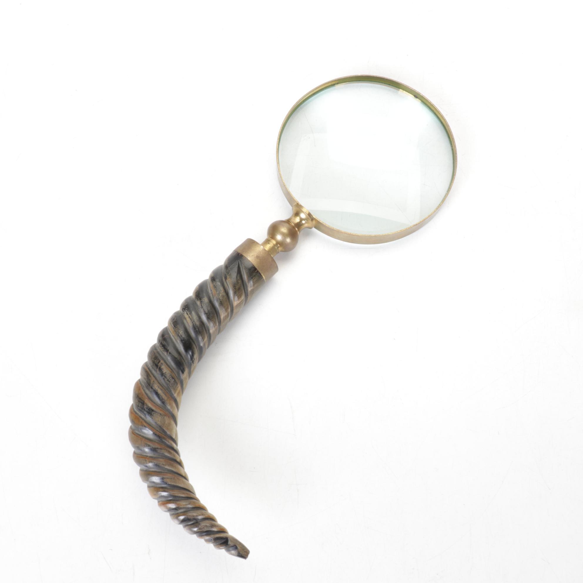 Carved Horn Handle and Brass Magnifying Glass