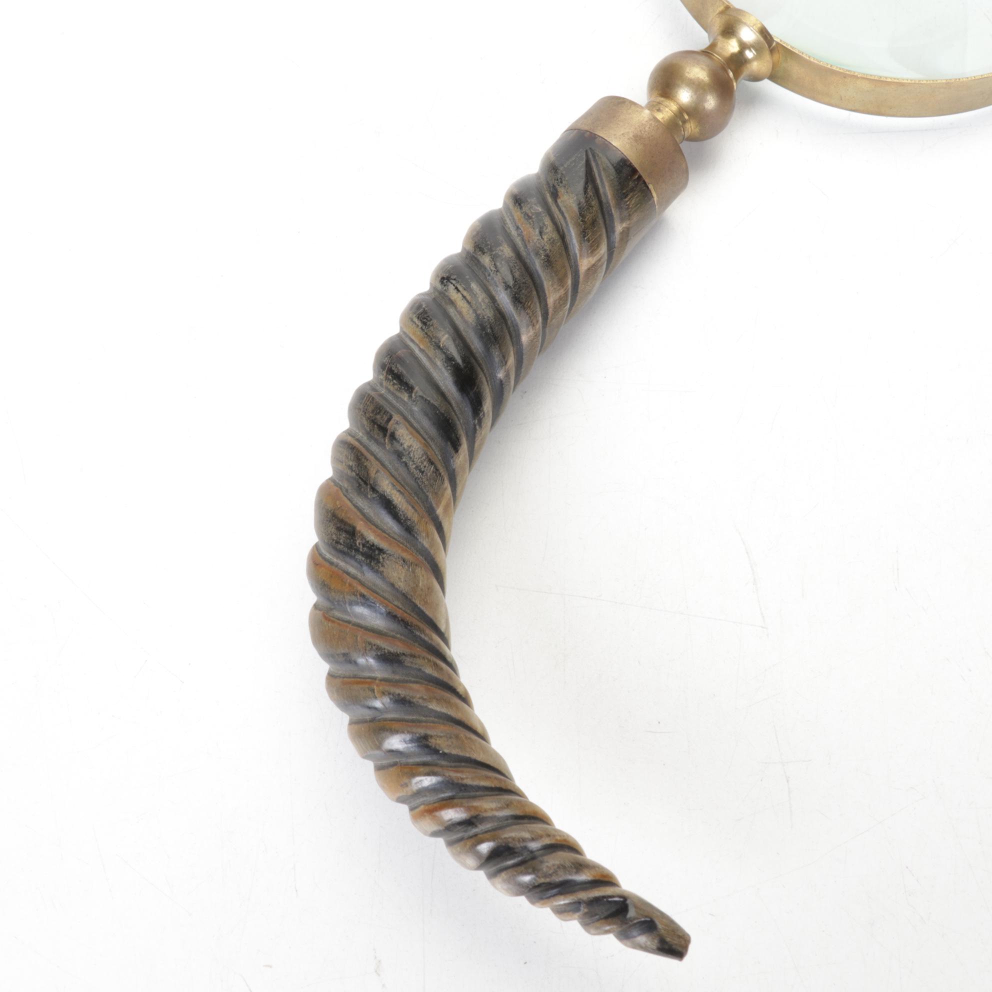 Carved Horn Handle and Brass Magnifying Glass