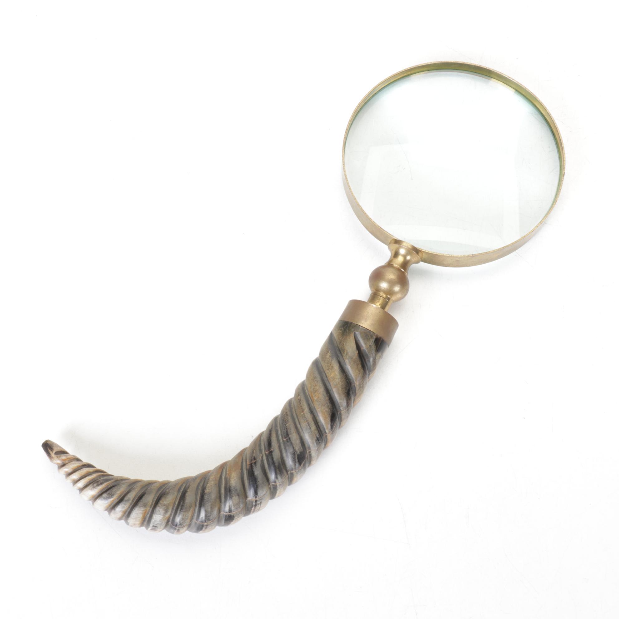 Carved Horn Handle and Brass Magnifying Glass