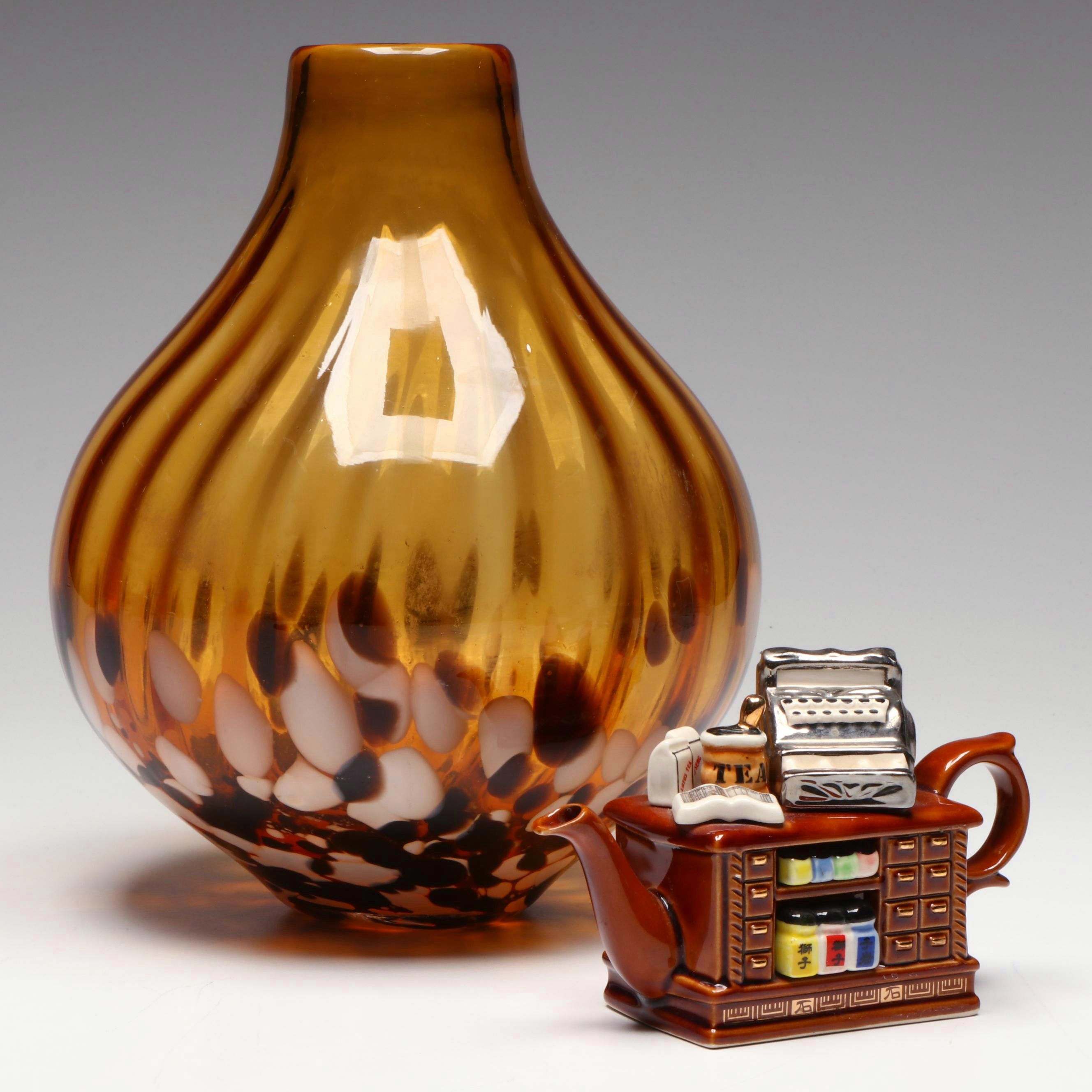 Paul Cardew Mini Tea Shop Teapot & Murano Style Amber and Dotted Glass Vase