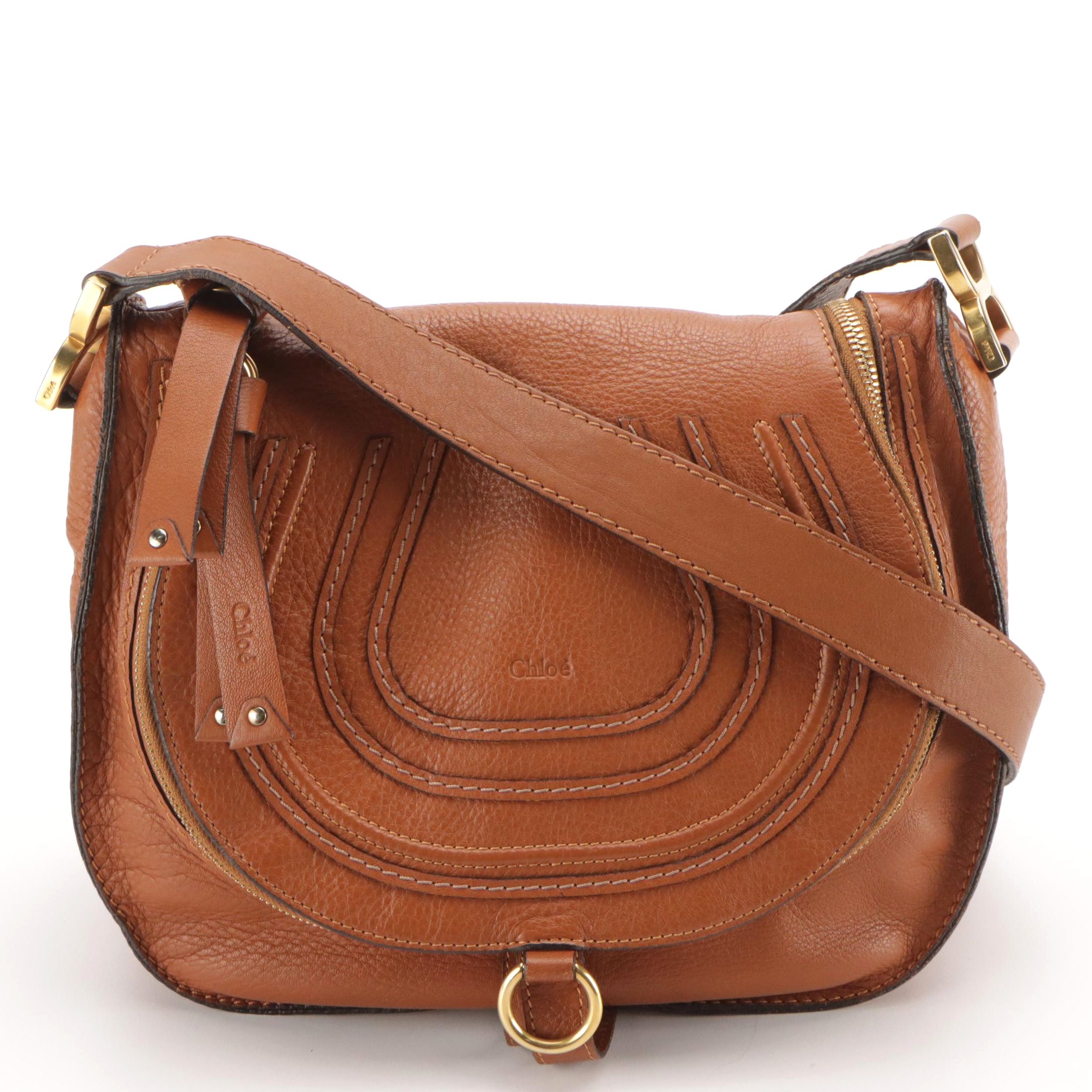 Chloé Marcie Zip Crossbody Bag in Caramel Brown Saddle-Stitched Leather