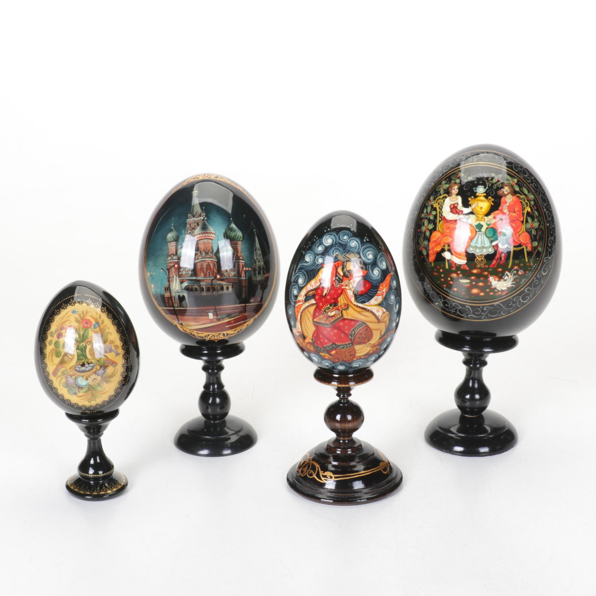 Russian Hand-Painted Lacquer Eggs Depicting St. Basil's Cathedral and Folklore