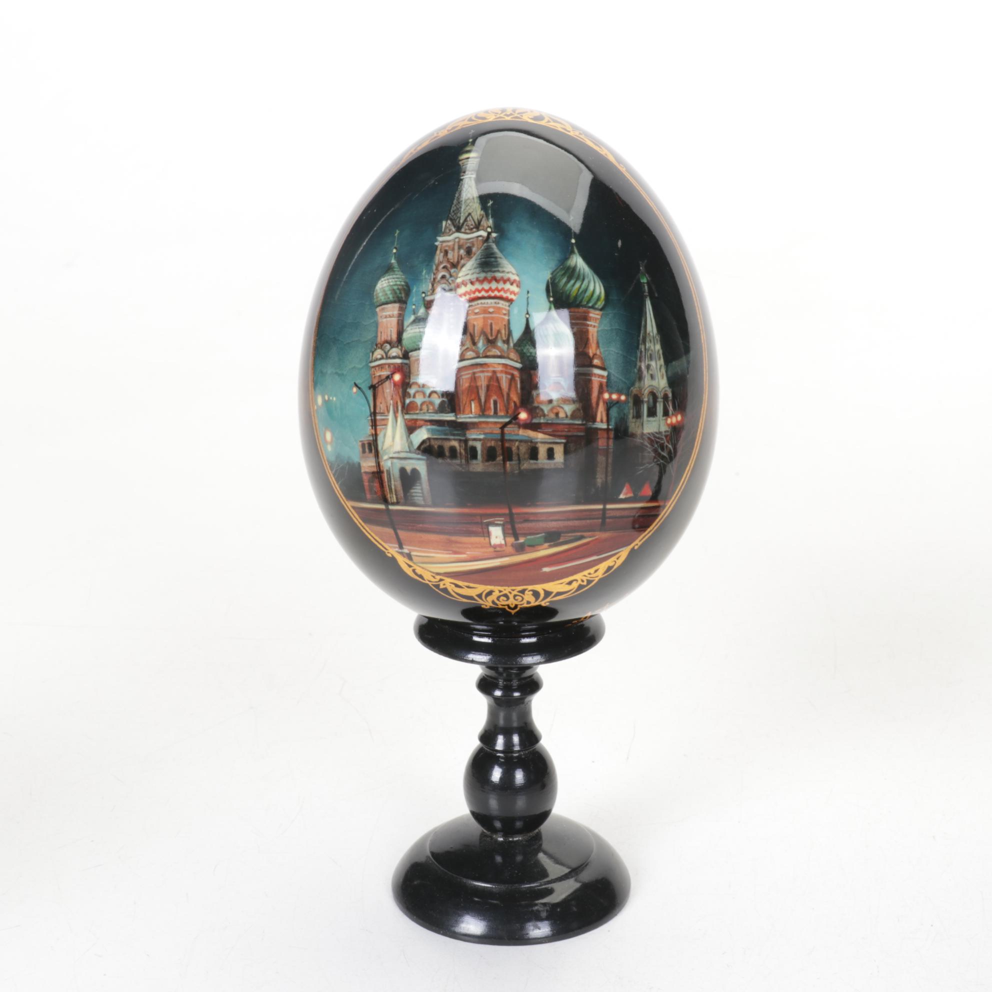 Russian Hand-Painted Lacquer Eggs Depicting St. Basil's Cathedral and Folklore