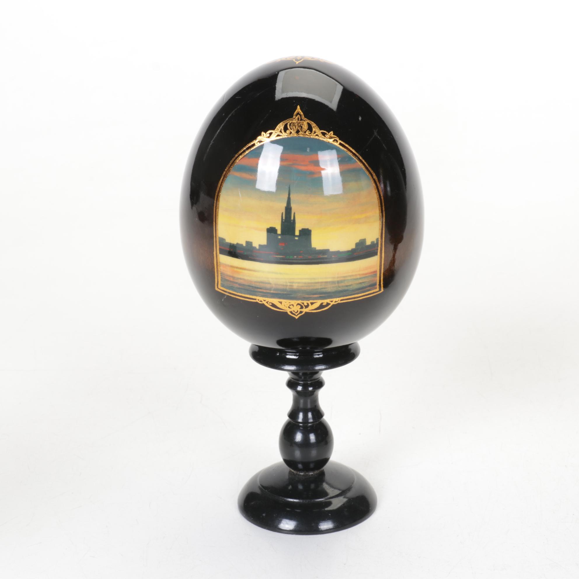 Russian Hand-Painted Lacquer Eggs Depicting St. Basil's Cathedral and Folklore
