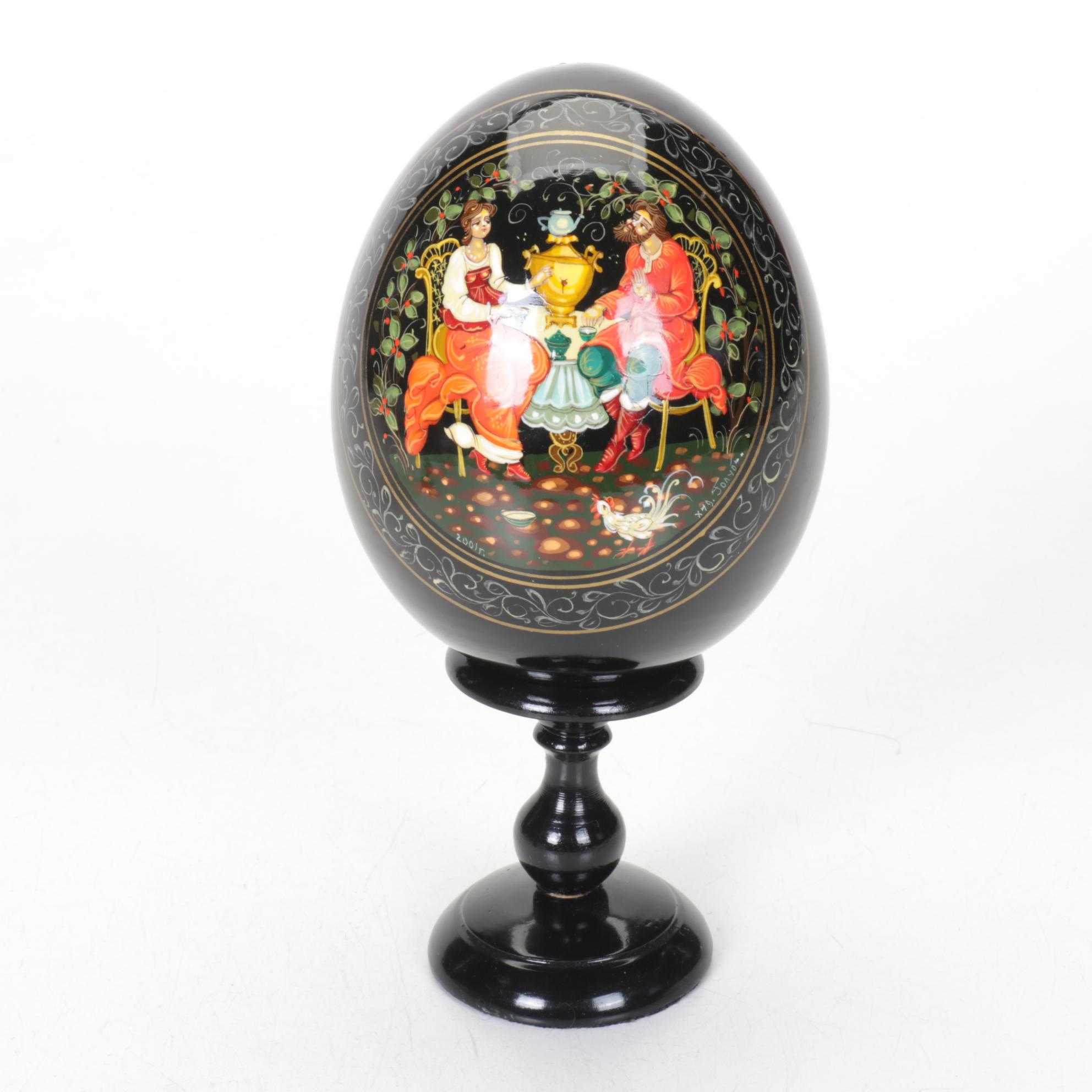Russian Hand-Painted Lacquer Eggs Depicting St. Basil's Cathedral and Folklore