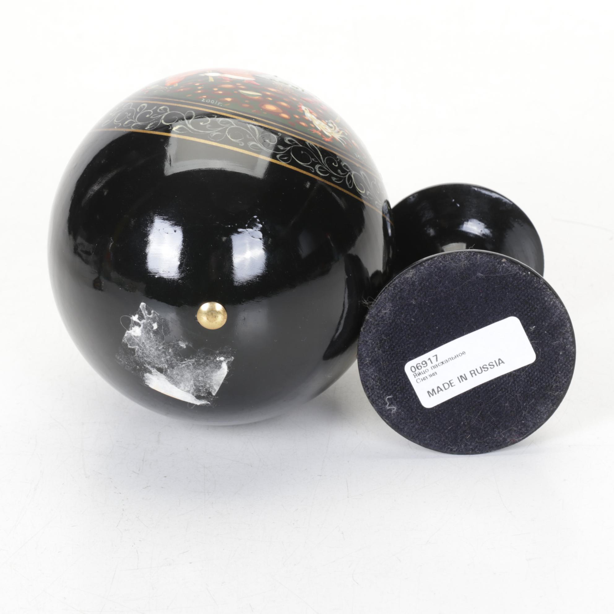 Russian Hand-Painted Lacquer Eggs Depicting St. Basil's Cathedral and Folklore