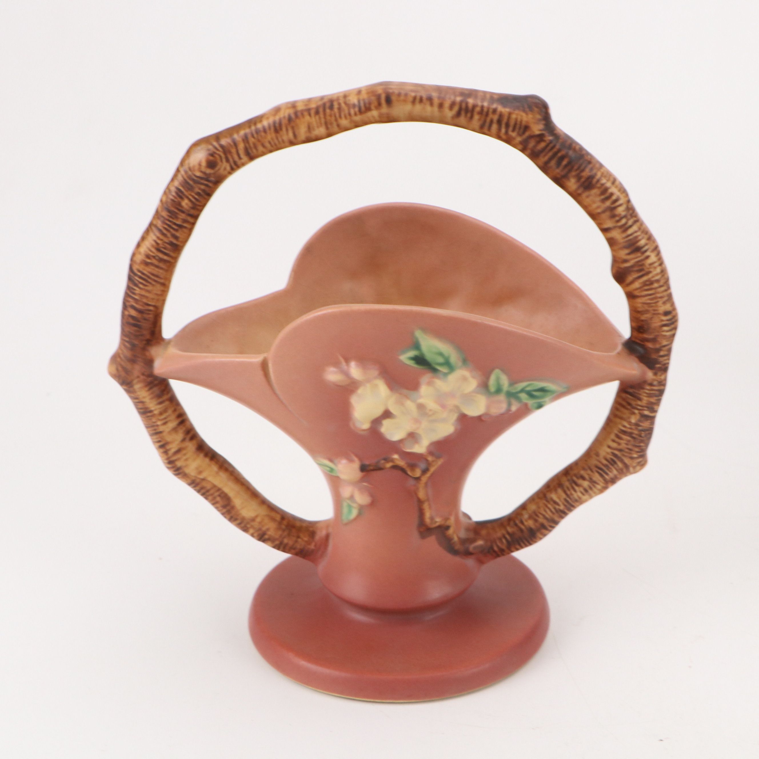 Roseville Pottery "Apple Blossom" Basket with Other Vases, Mid-20th Century