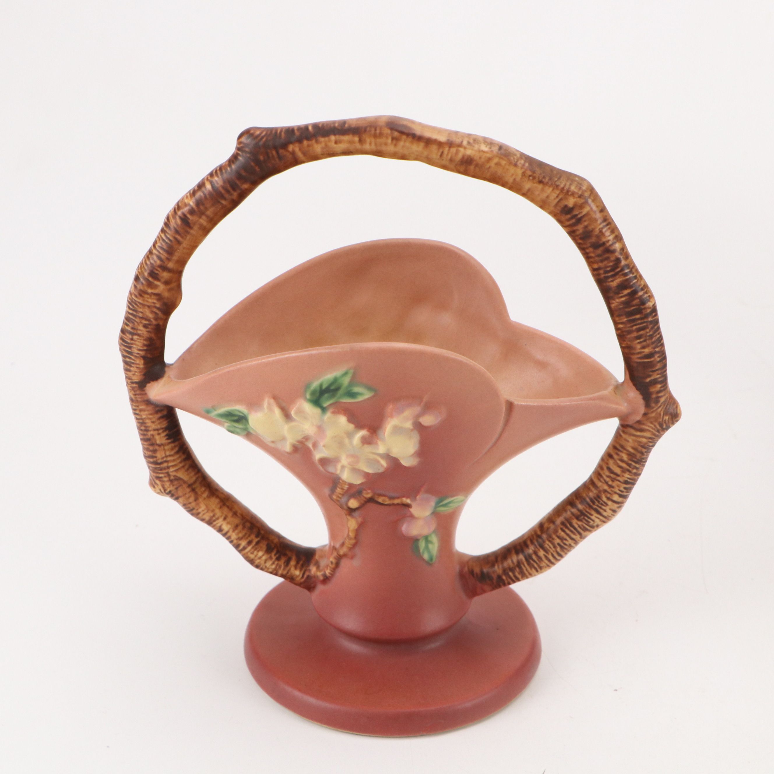 Roseville Pottery "Apple Blossom" Basket with Other Vases, Mid-20th Century